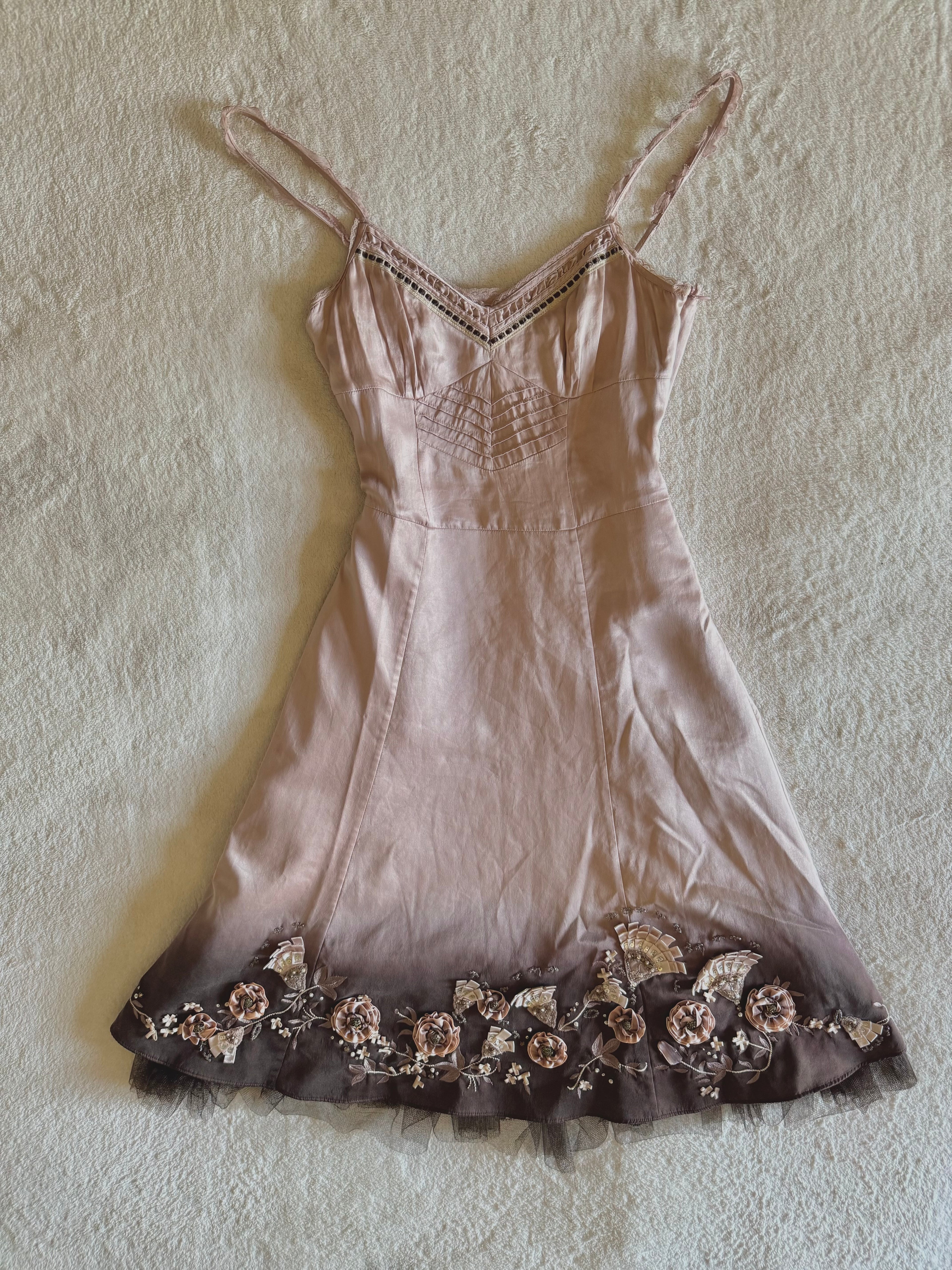 y2k vintage silk dusky pink and brown ombre fitted midi dress fit and flare with blossoms
