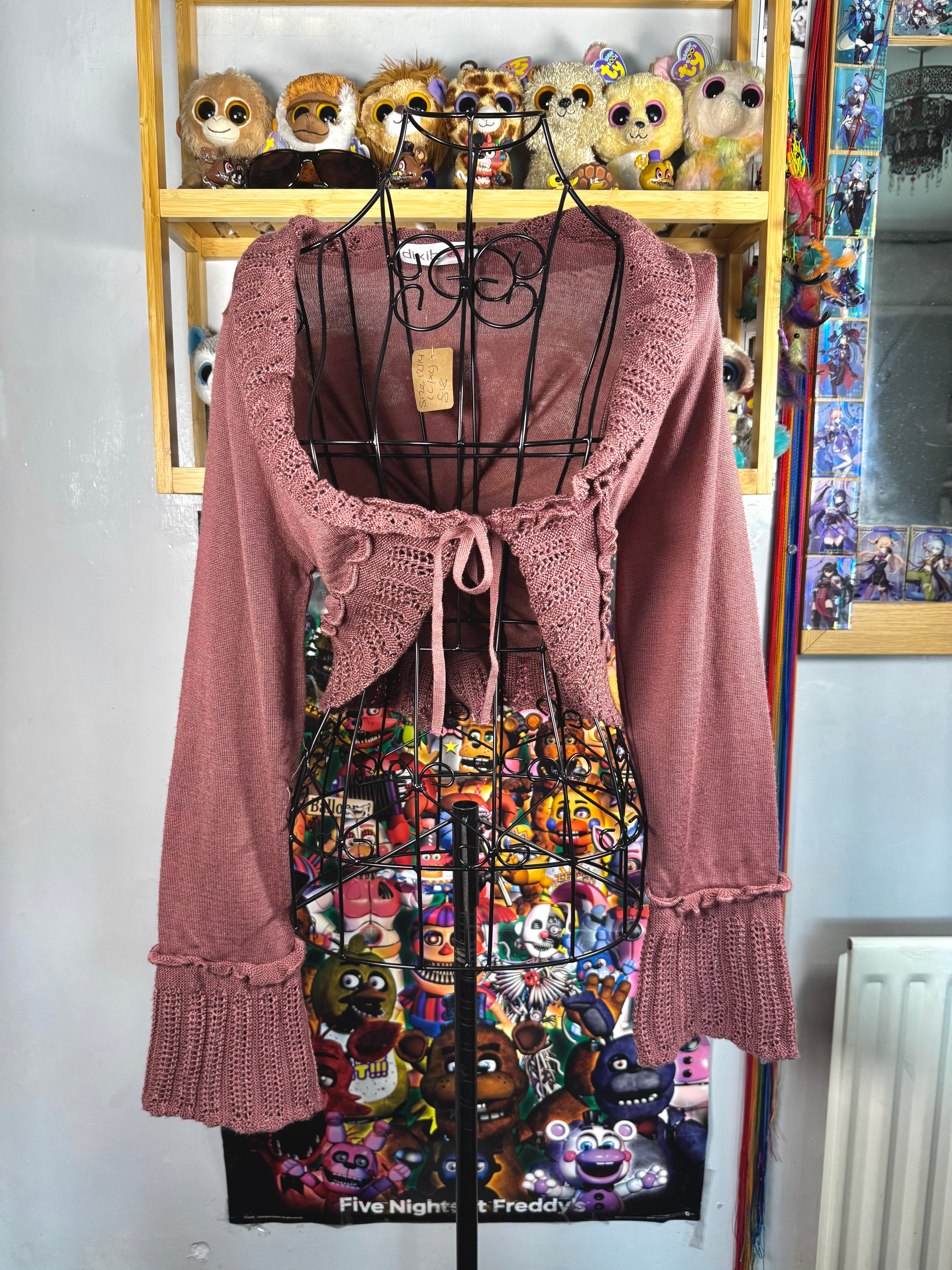 y2k vintage dusty pink fitted cropped tie front flared sleeve cardigan