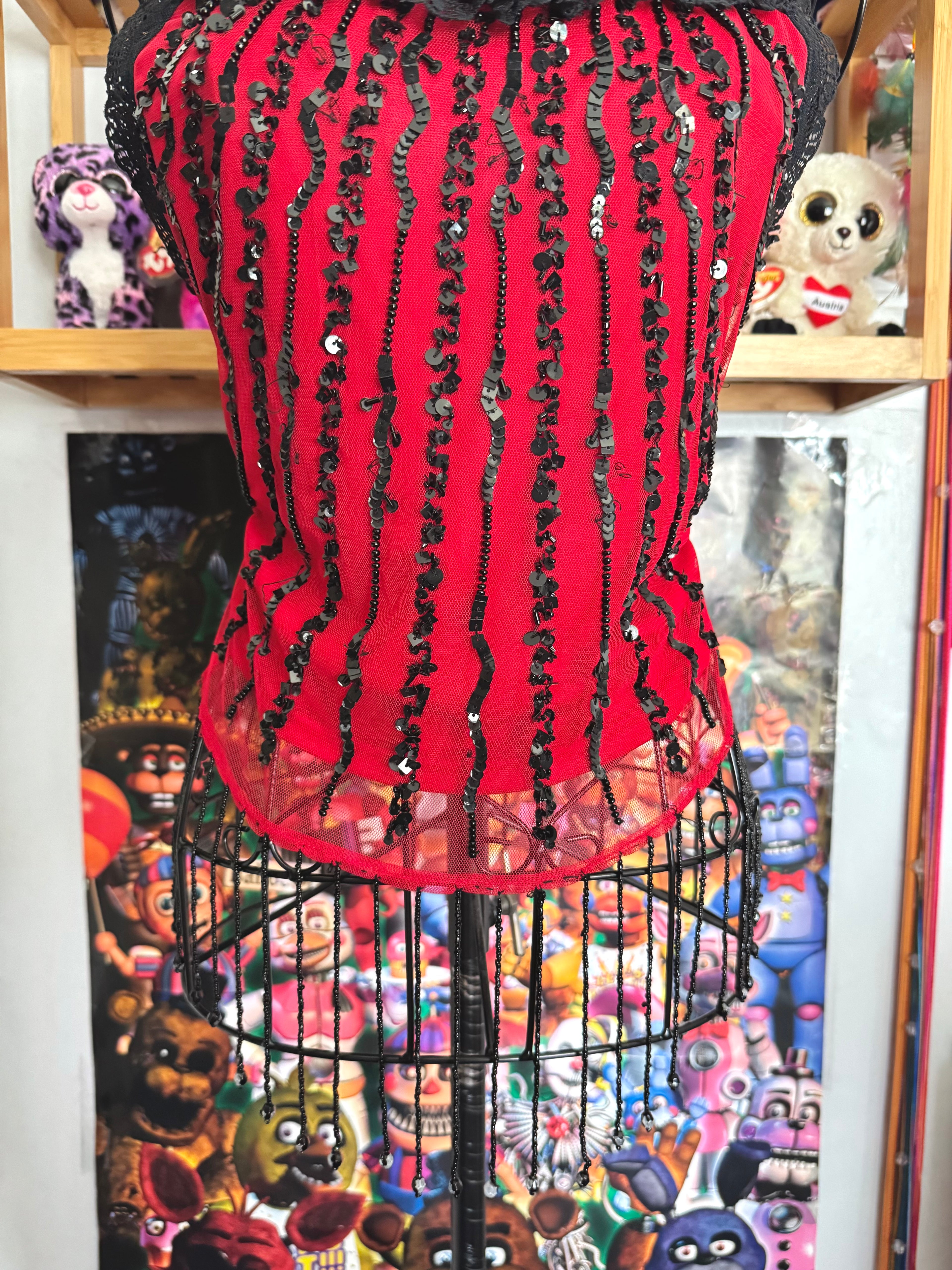 y2k vintage red fitted mesh cami top with black dangle beading and sequin embroidery