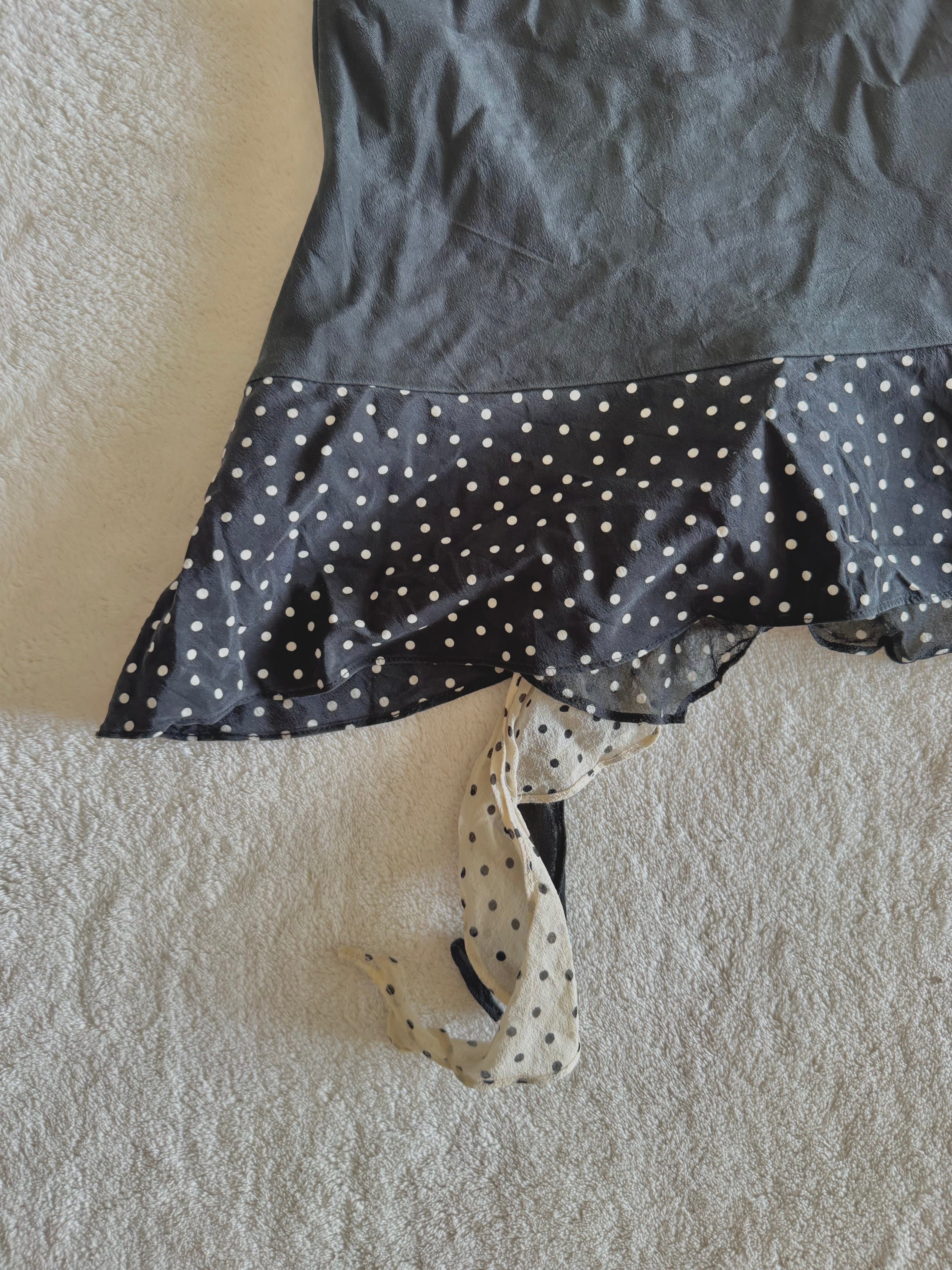 y2k vintage black and cream silk polkadot fitted asymmetrical cami top