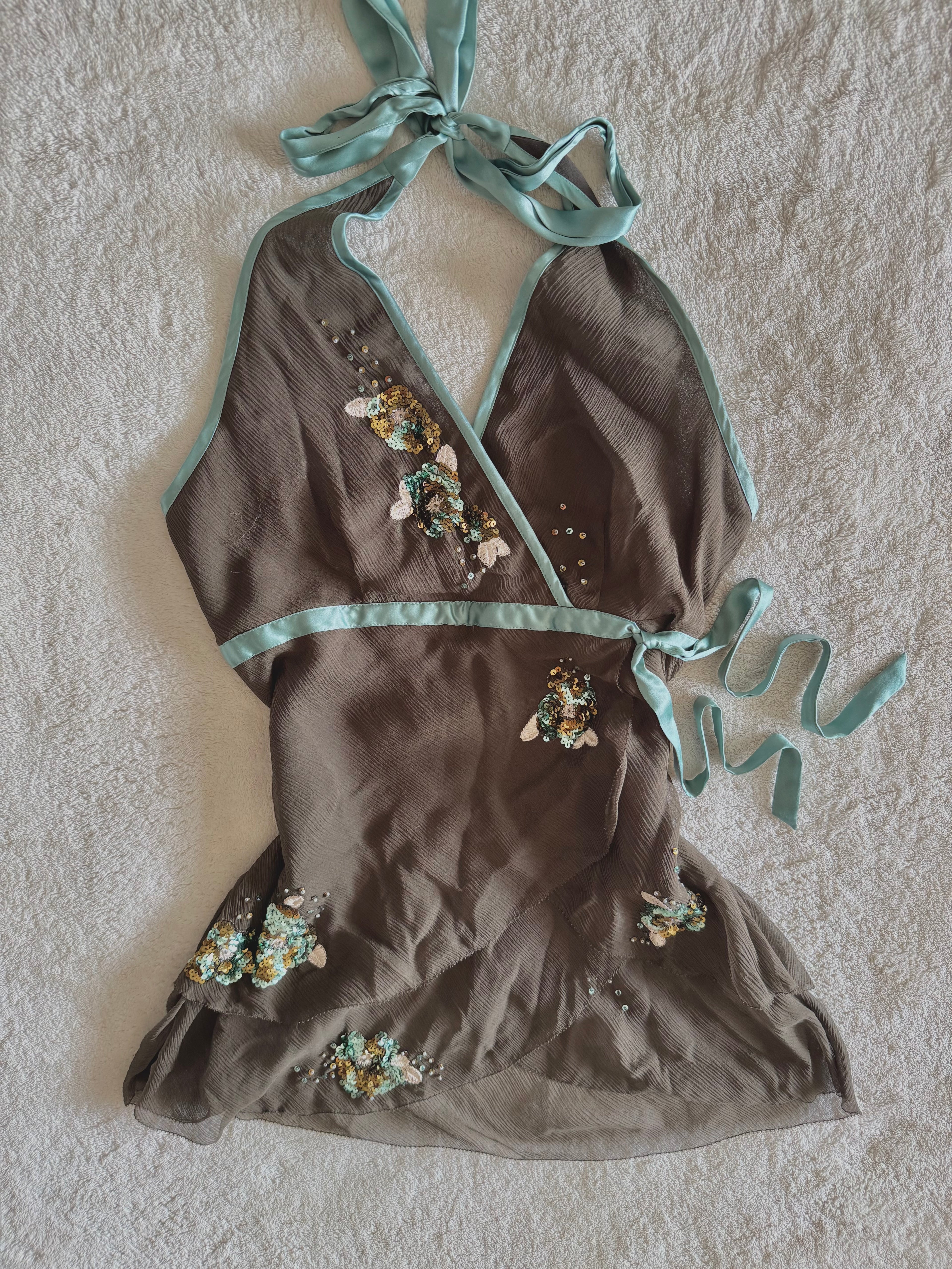 y2k vintage brown, turquoise silk asymmetric layered fairy halter cami top with sequins