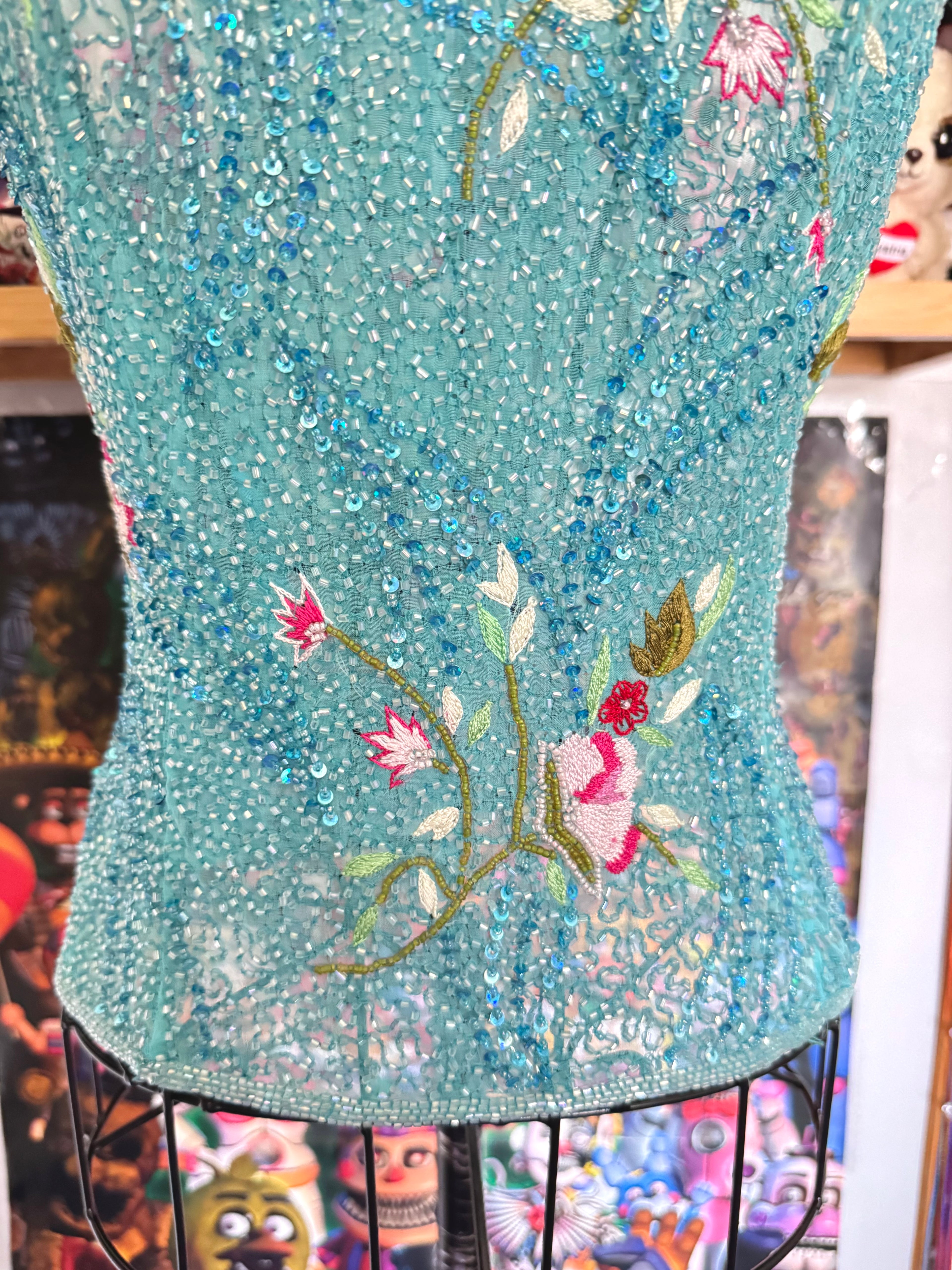 y2k vintage turquoise blue heavily beaded silk fitted vest top mermaid