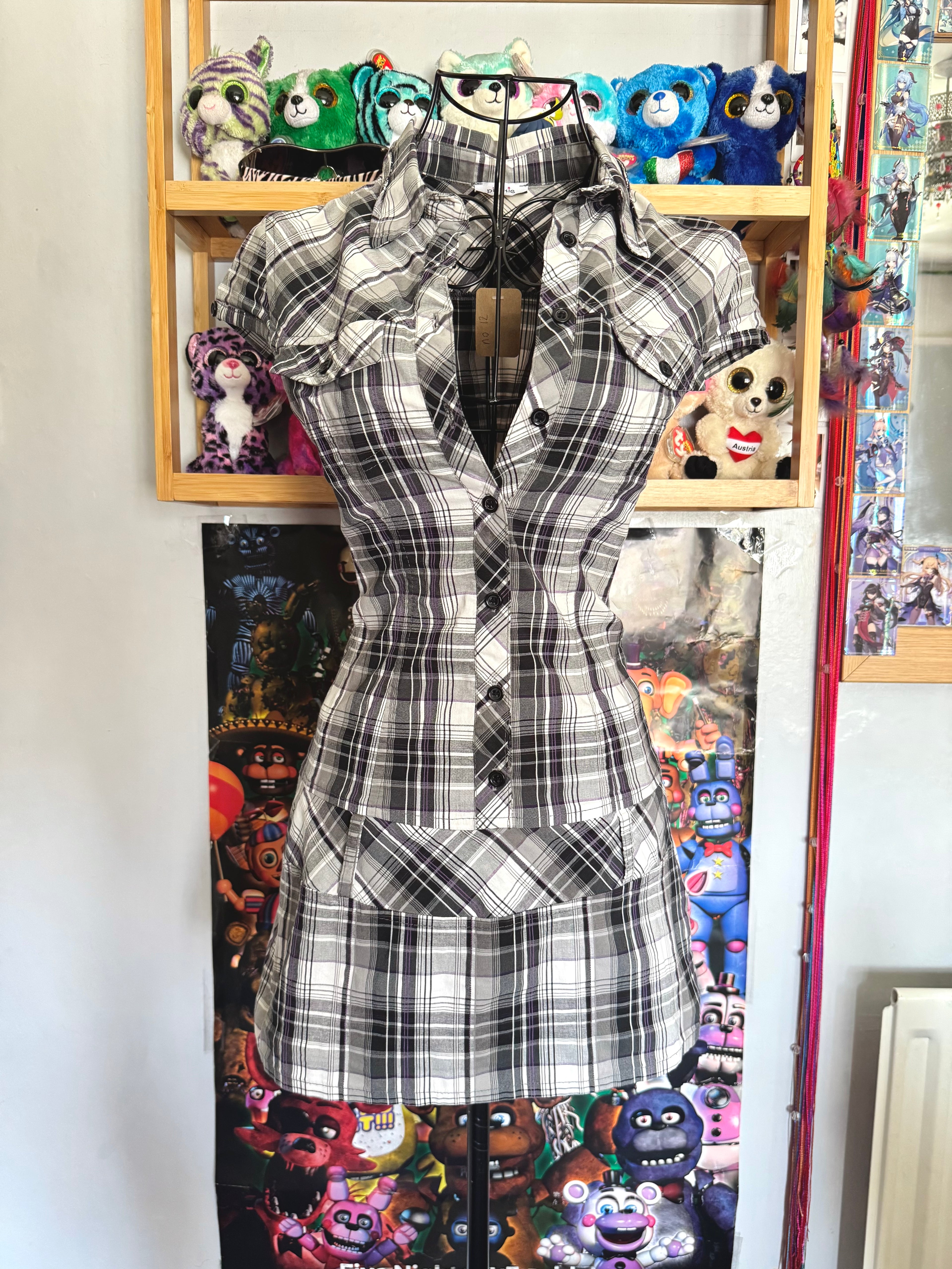 y2k vintage plaid grey and purple fitted button up mini dress officecore office siren