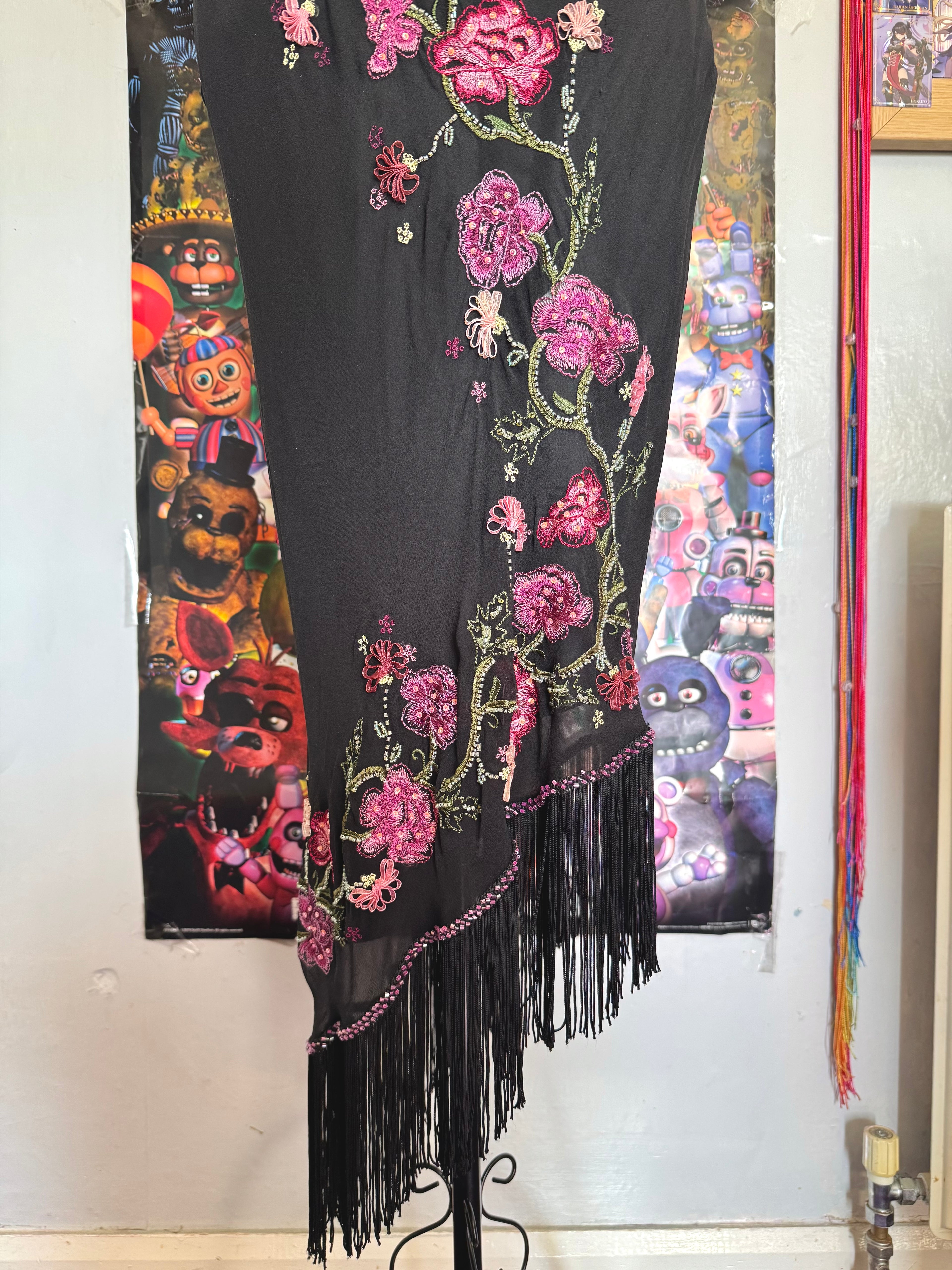 y2k vintage silk asymmetrical hem tassel maxi dress with beautiful floral embroidery