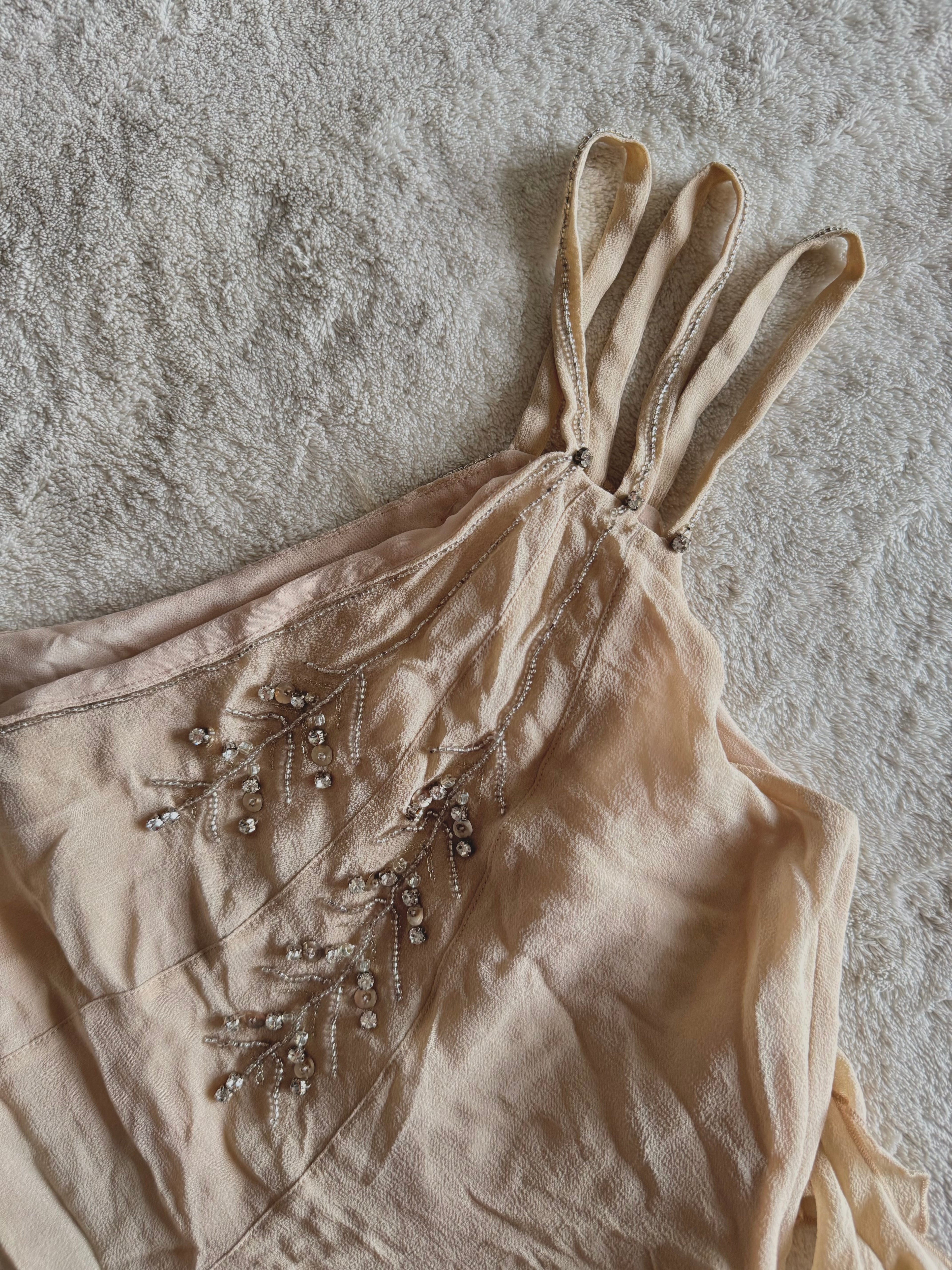 y2k vintage bnwt deadstock beige fitted layered silk cami top with feathering and sequins