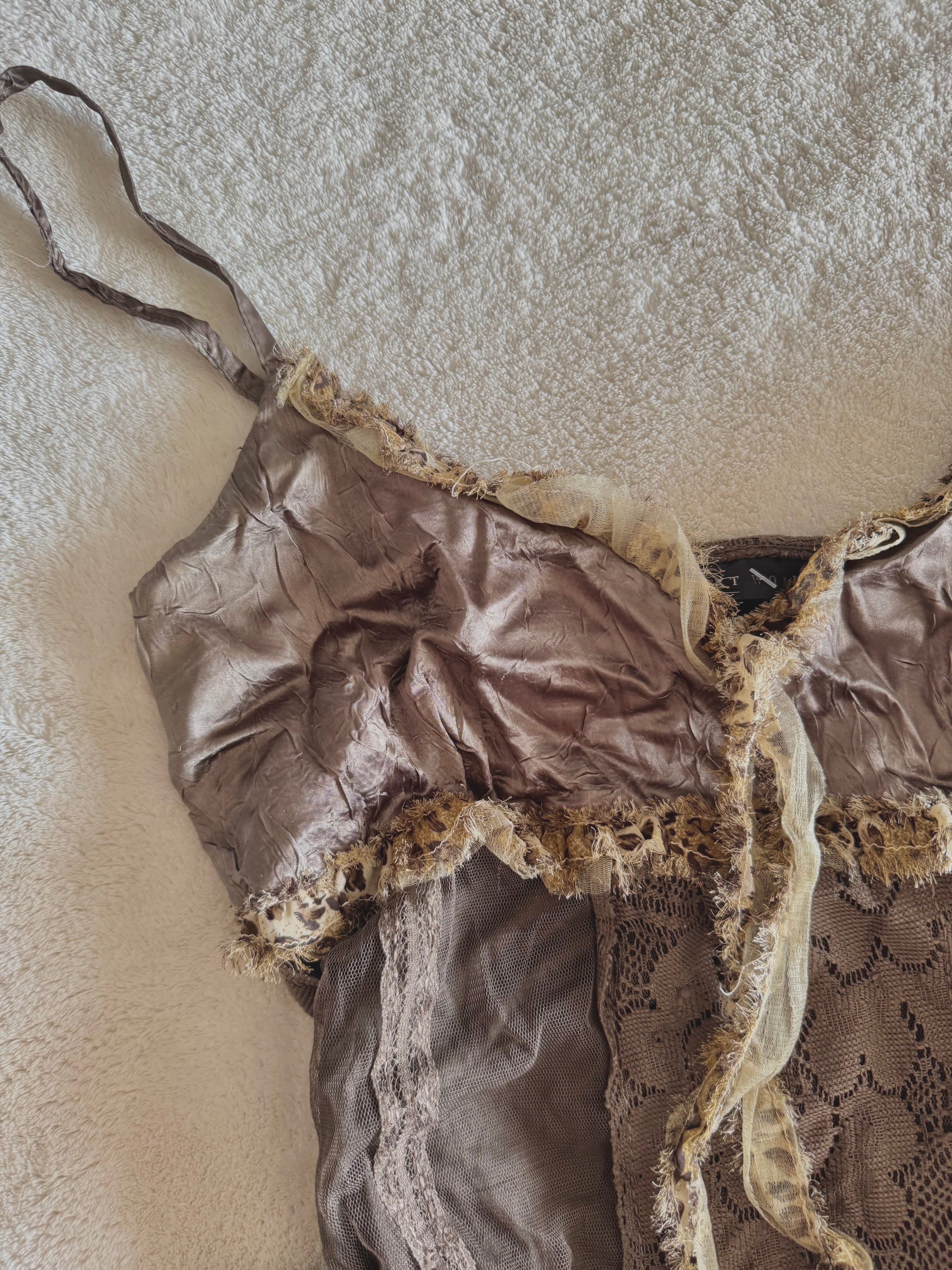 y2k vintage khaki fitted satin and lace cami top with leopard print trimmings fairycore