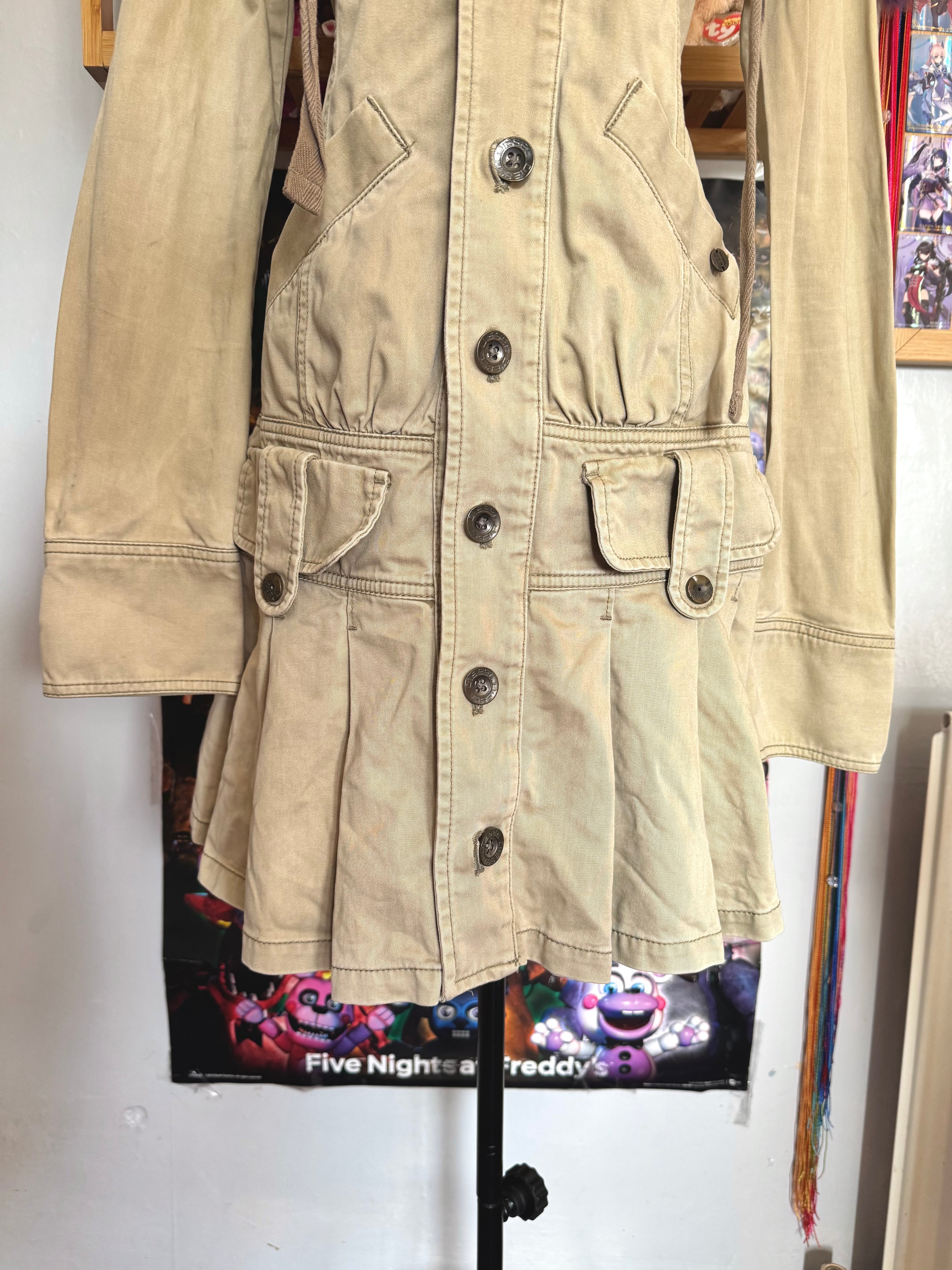y2k vintage fitted button up archival hooded pleated trench coat archival drawstring