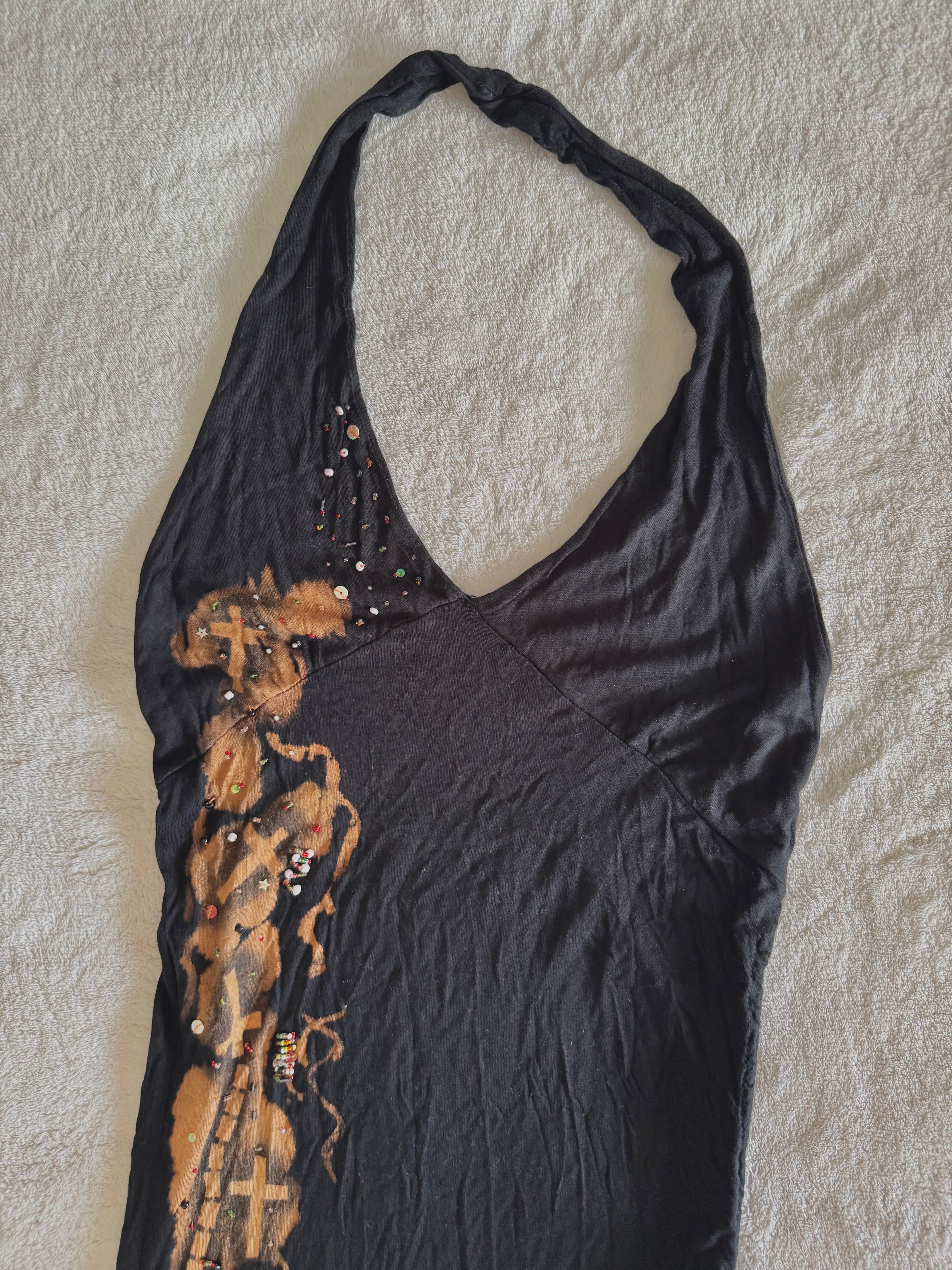 y2k vintage cotton and silk blend asymmetrical halterneck beaded dress