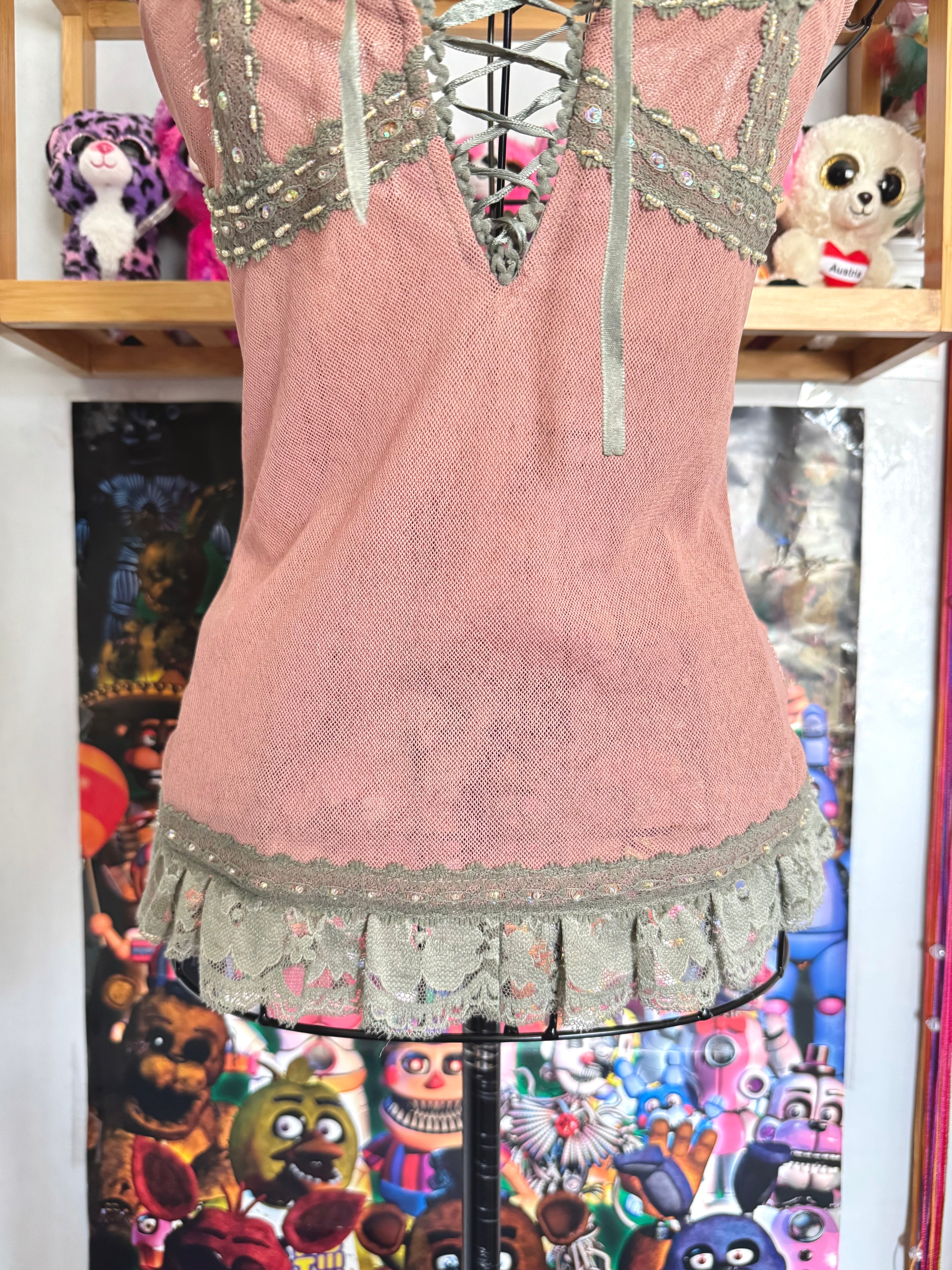 y2k vintage dusky pink and green fitted lace up front cami top fairycore