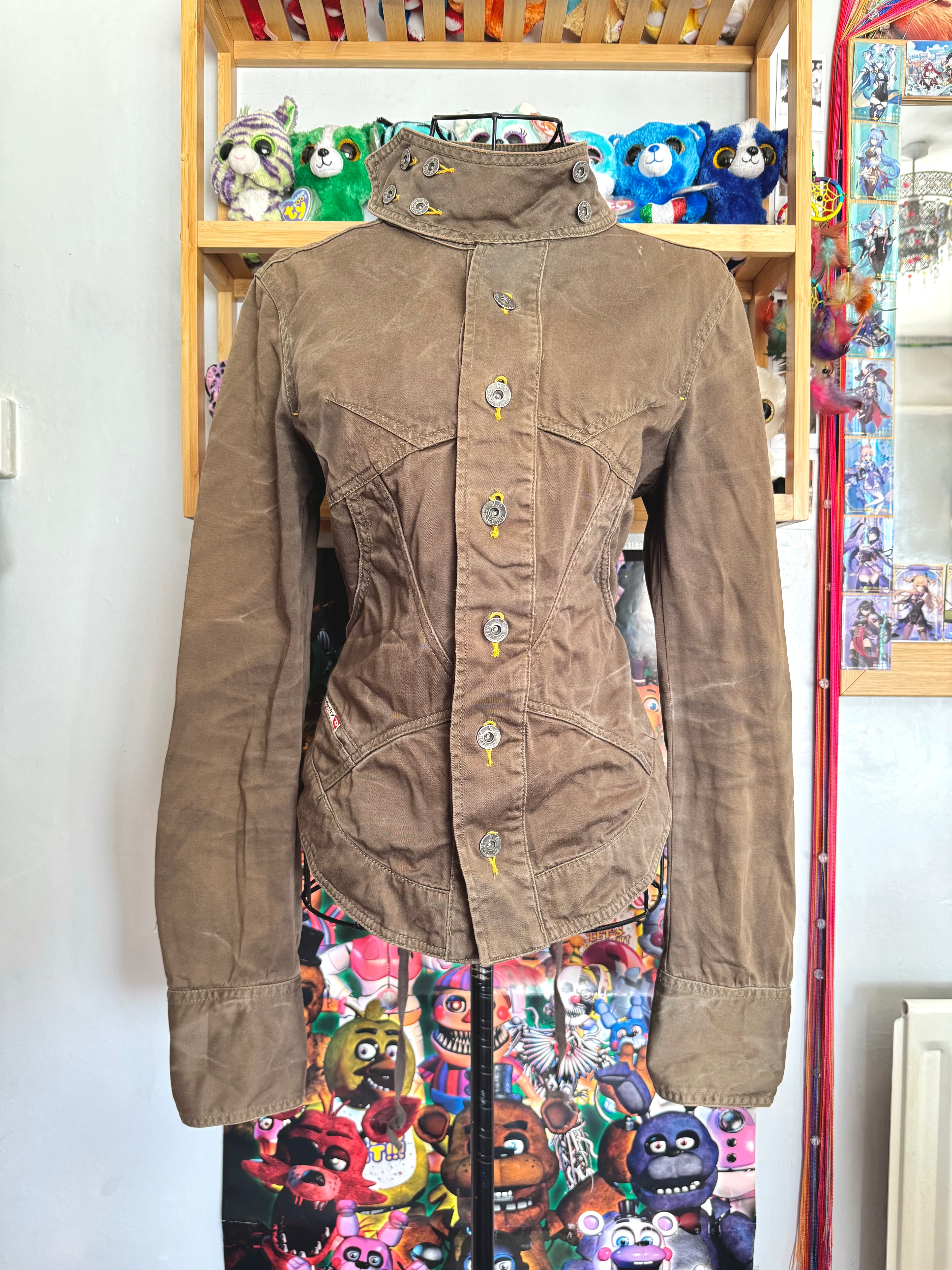 y2k vintage brown button up fitted funnel neck corset lace back jacket viral pinterest