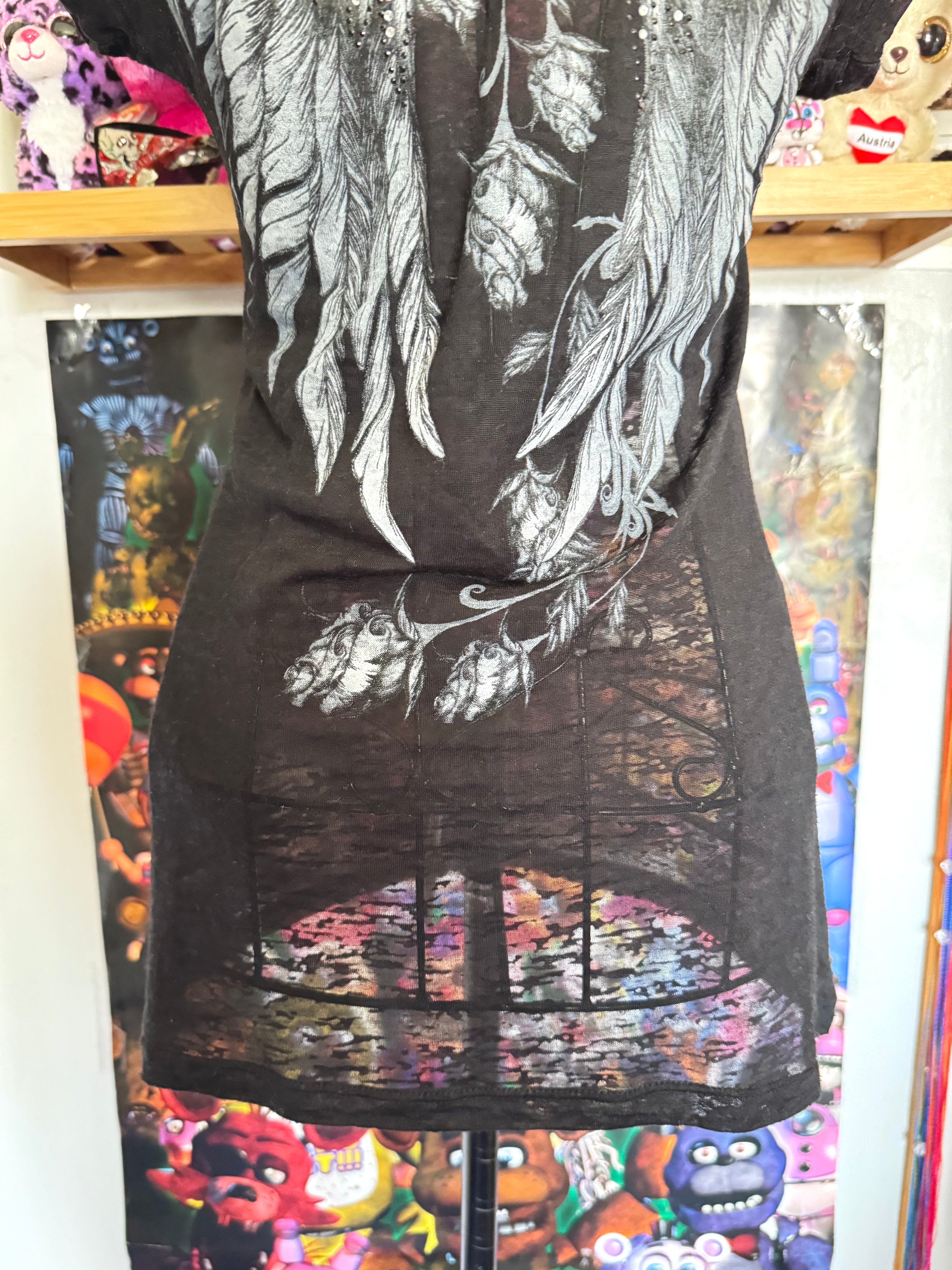 y2k vintage insane graphic angel wings print fitted sheer tee