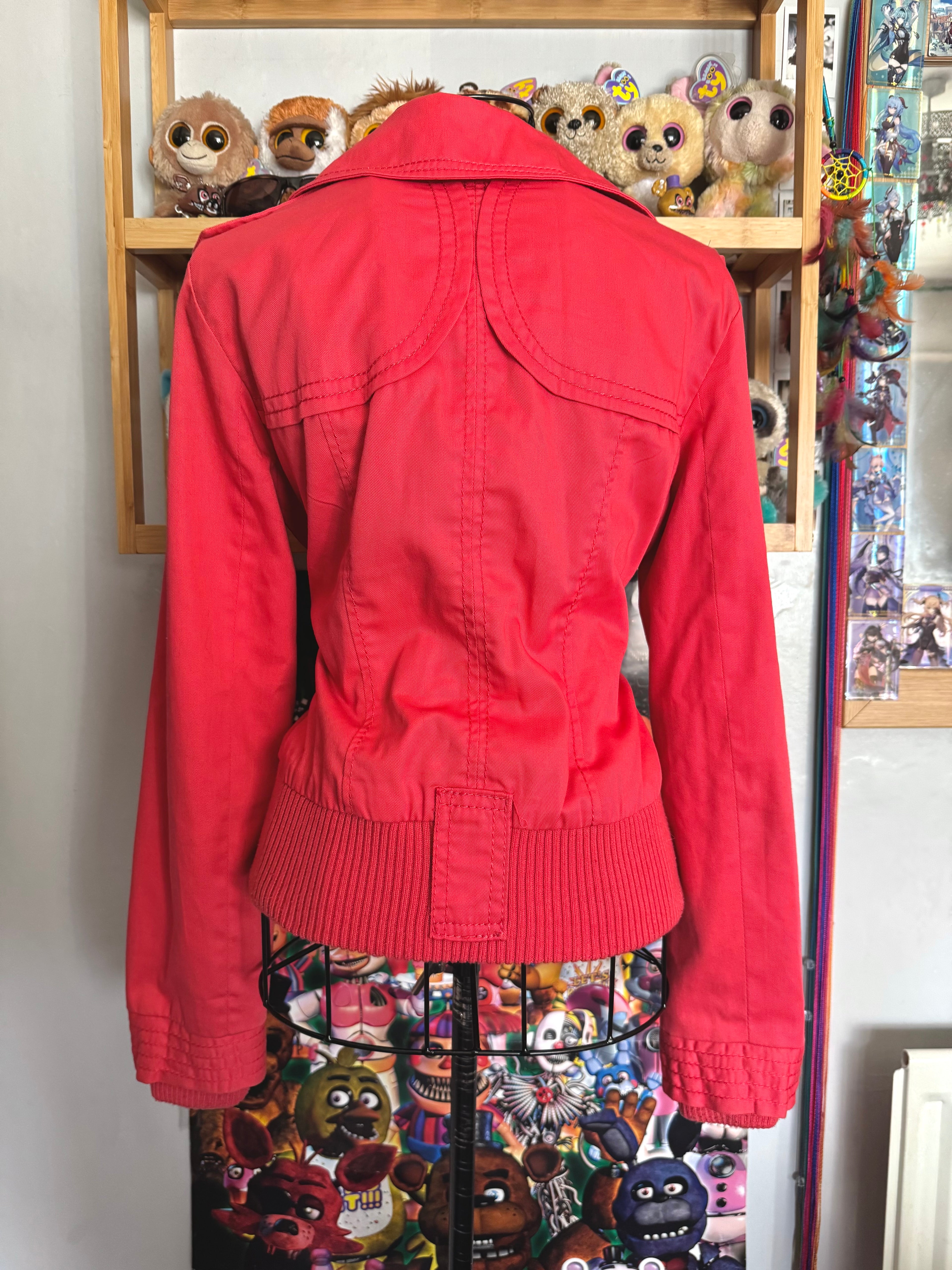 y2k vintage coral red fitted bomber jacket peacoat with zip pockets and chunky buttons