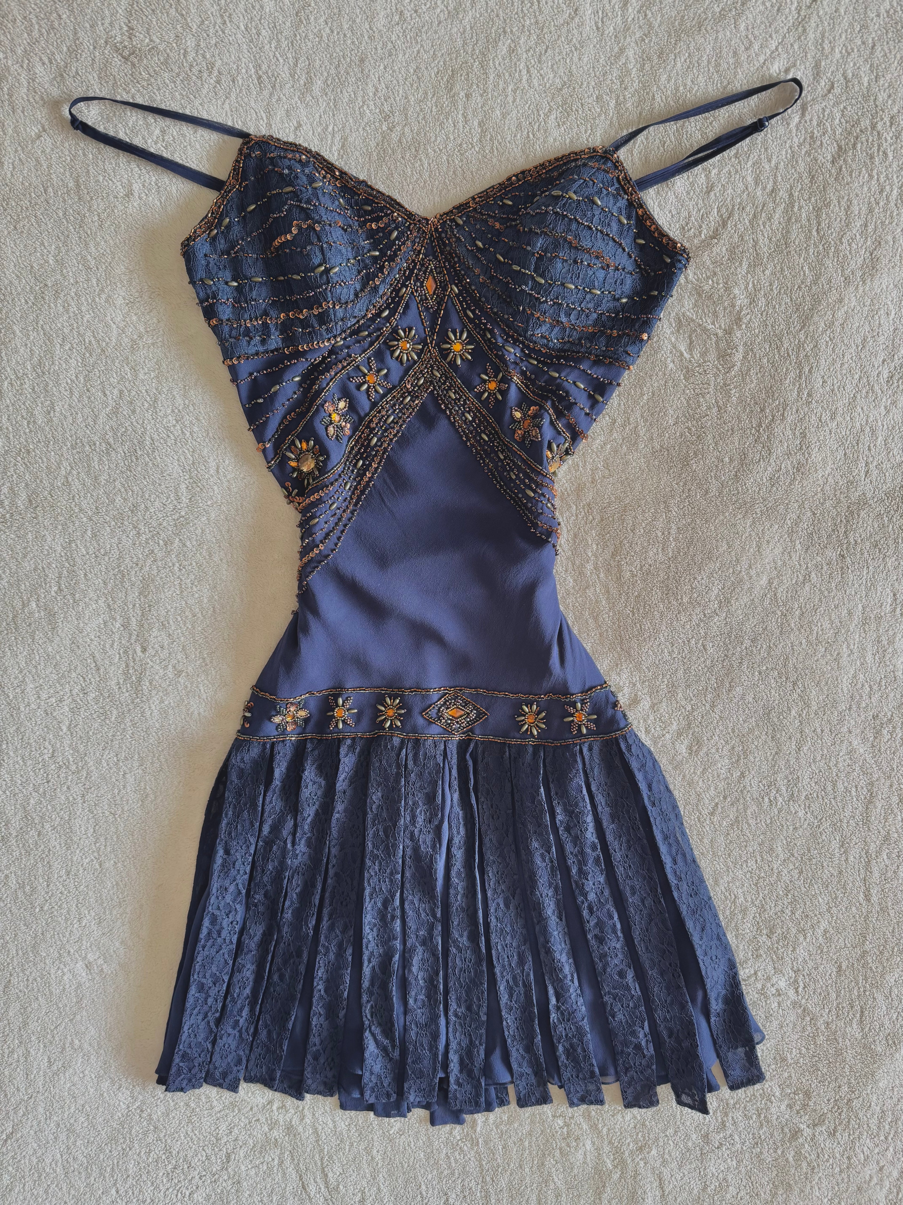 vintage 90’s royal navy blue silk dress gold and bronze beading embellishments astrology astronomy