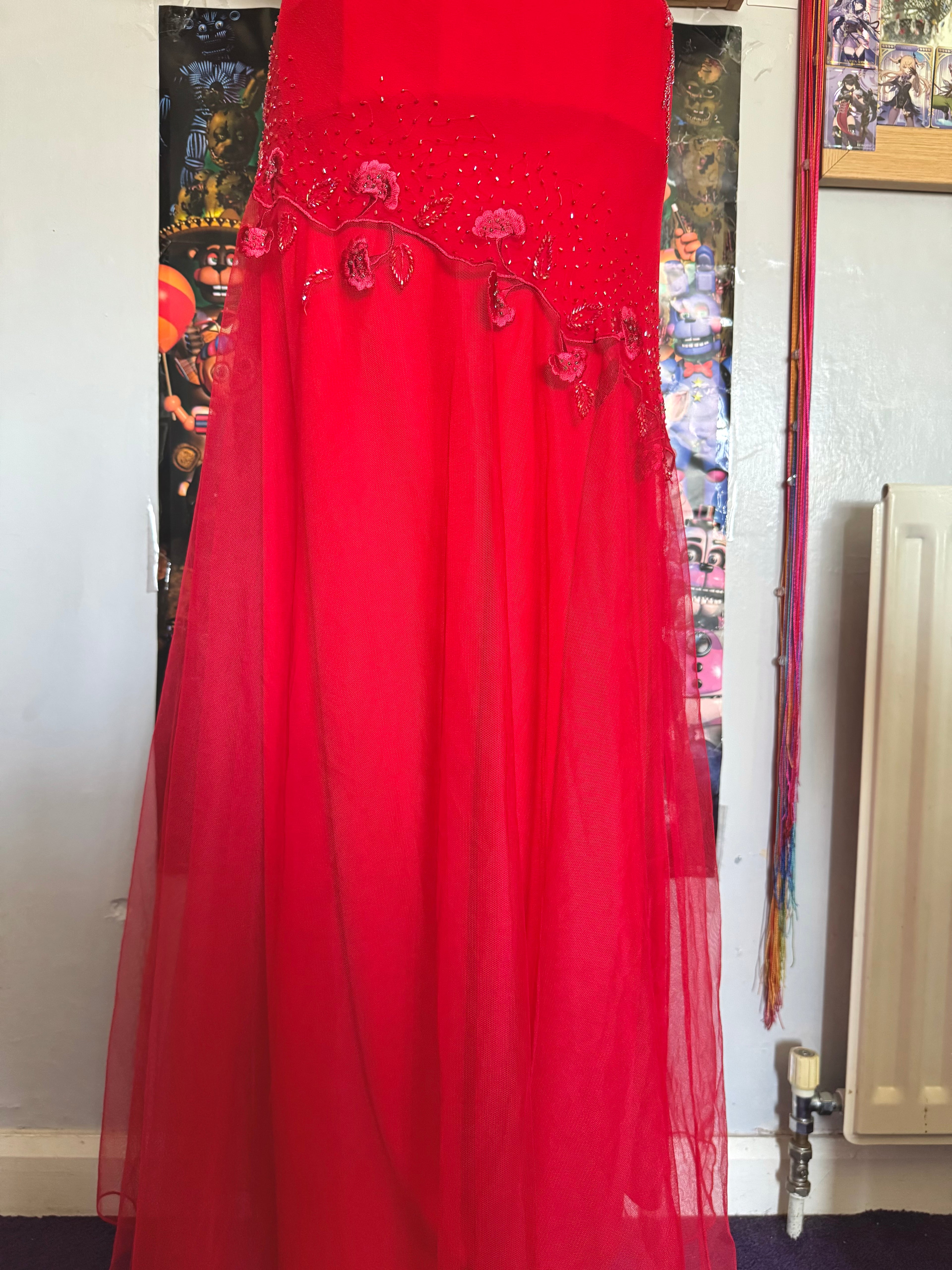 y2k vintage red silk floral embroidery maxi dress for prom or special occasion