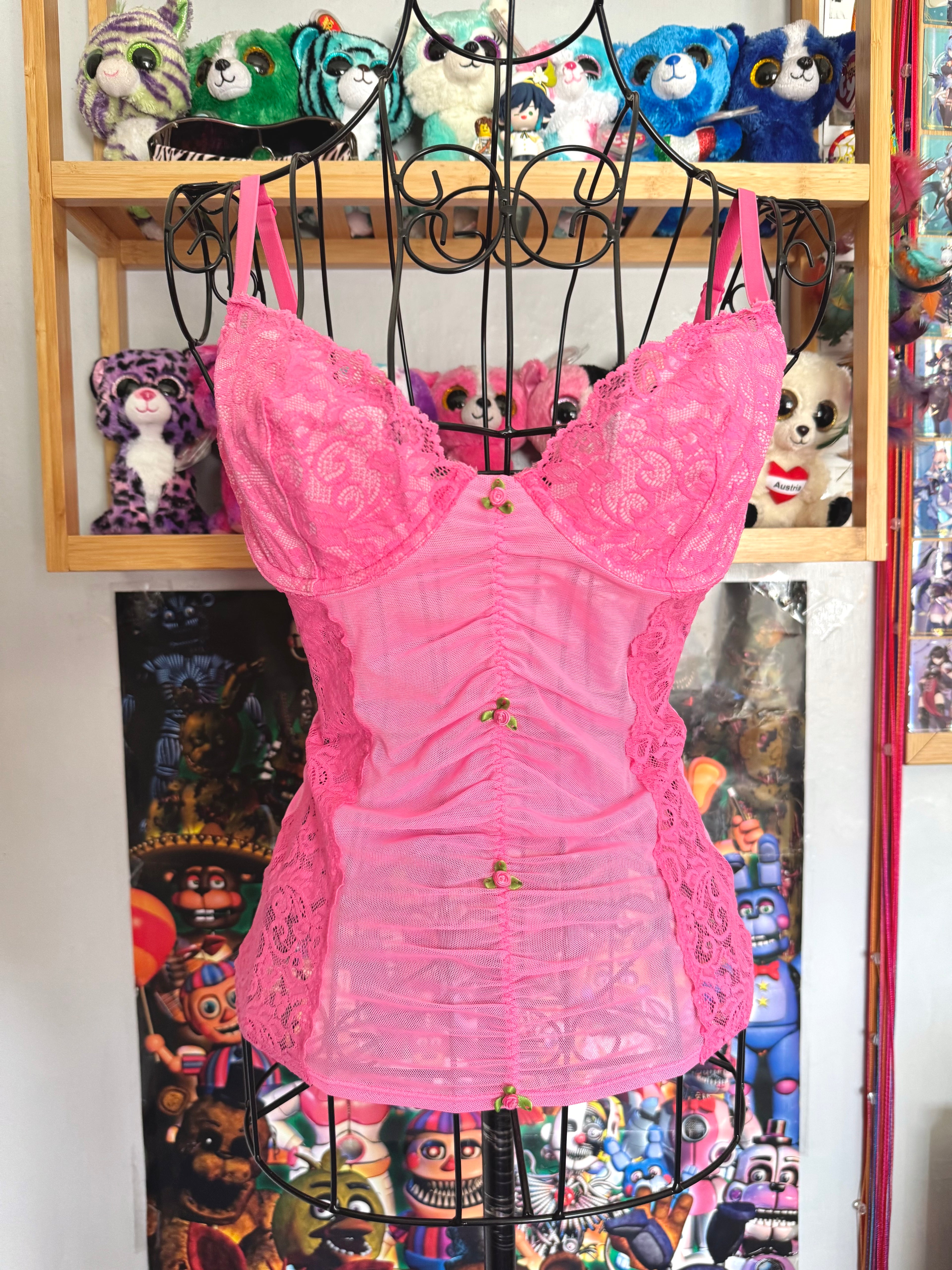 y2k vintage hot pink sheer mesh lace corset cami top