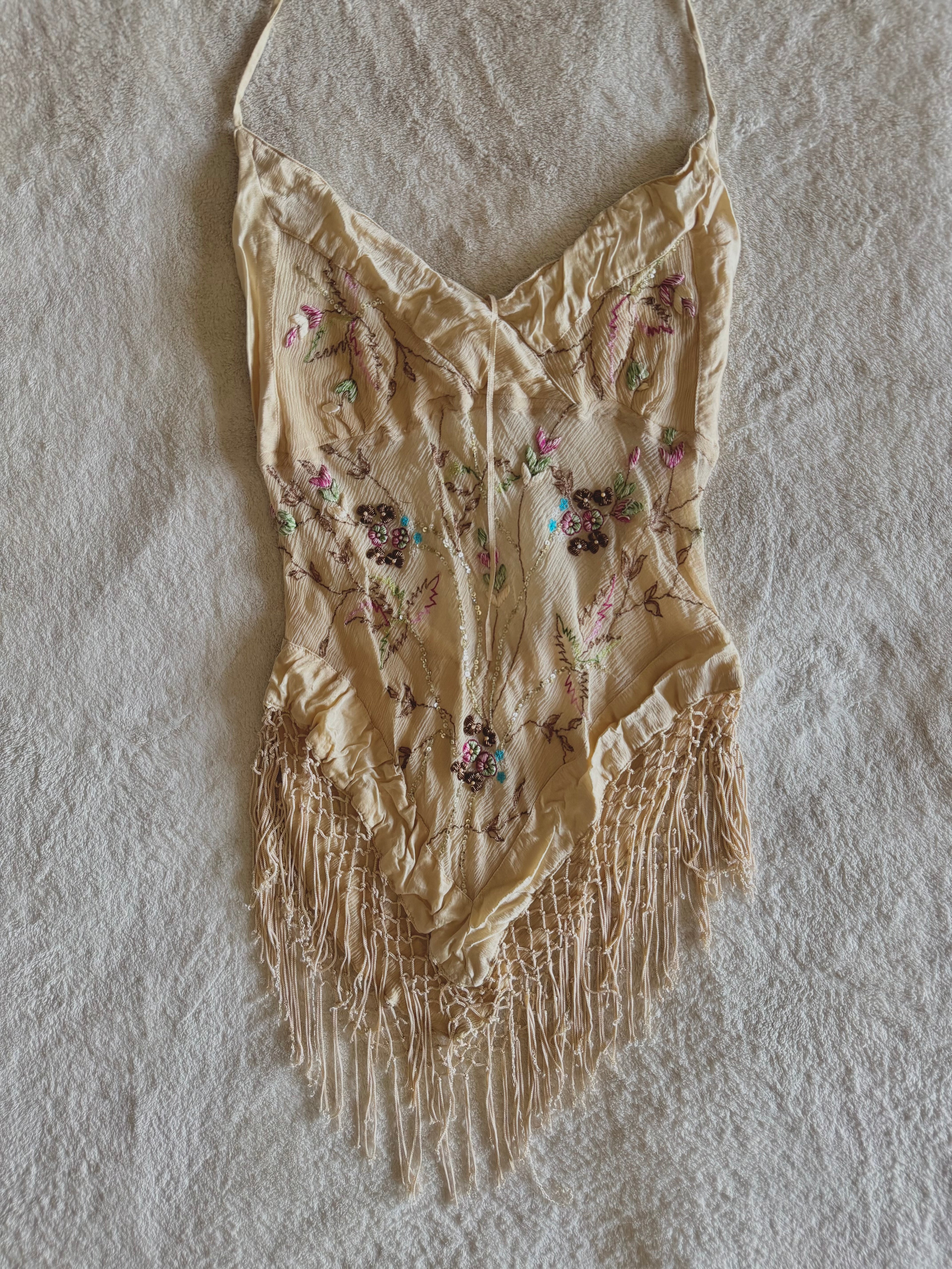 y2k vintage silk floral embroidery fitted halterneck top with lattice tassels festival western