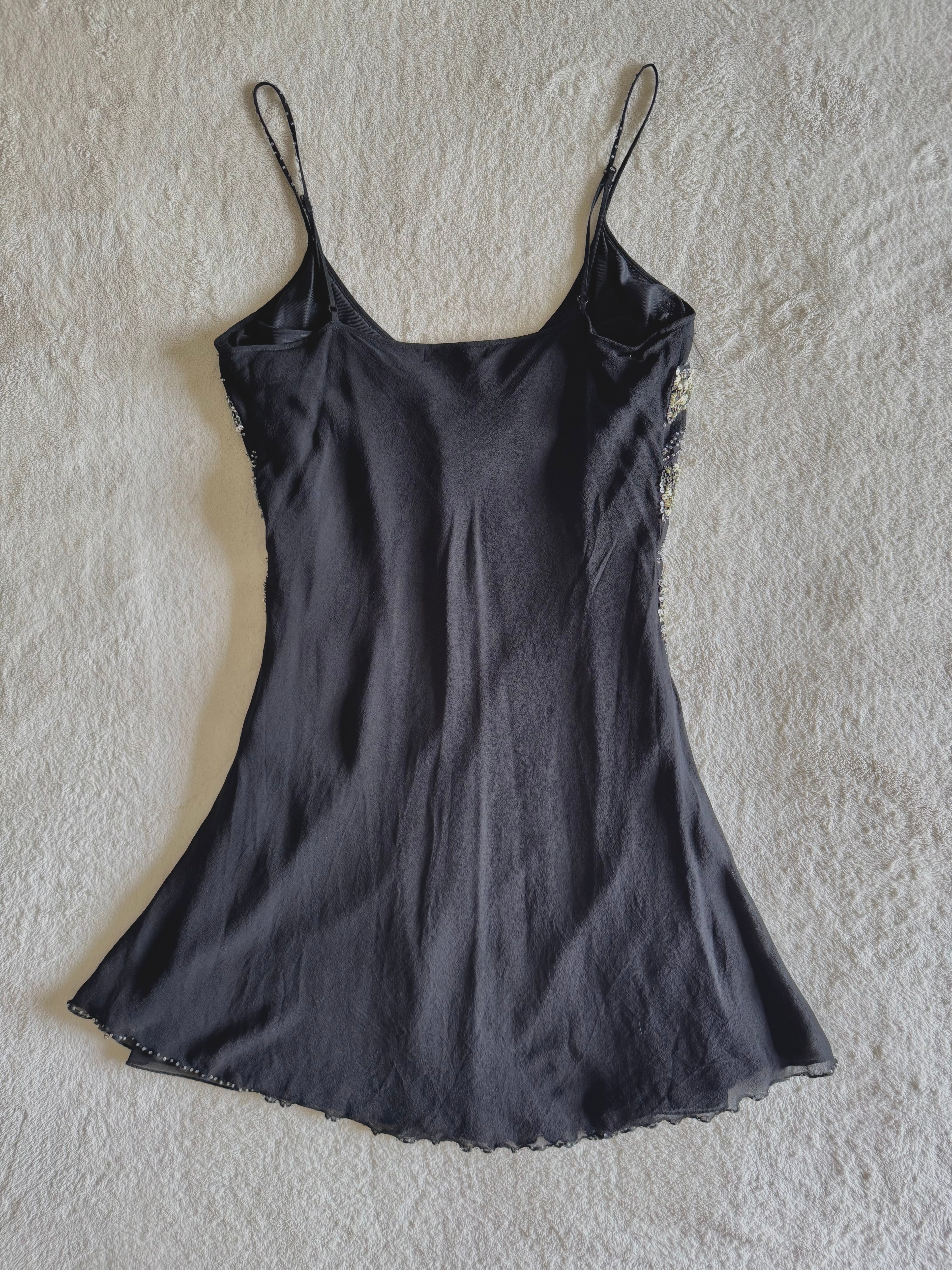 y2k vintage silk black and silver sequin embellished floaty mini dress
