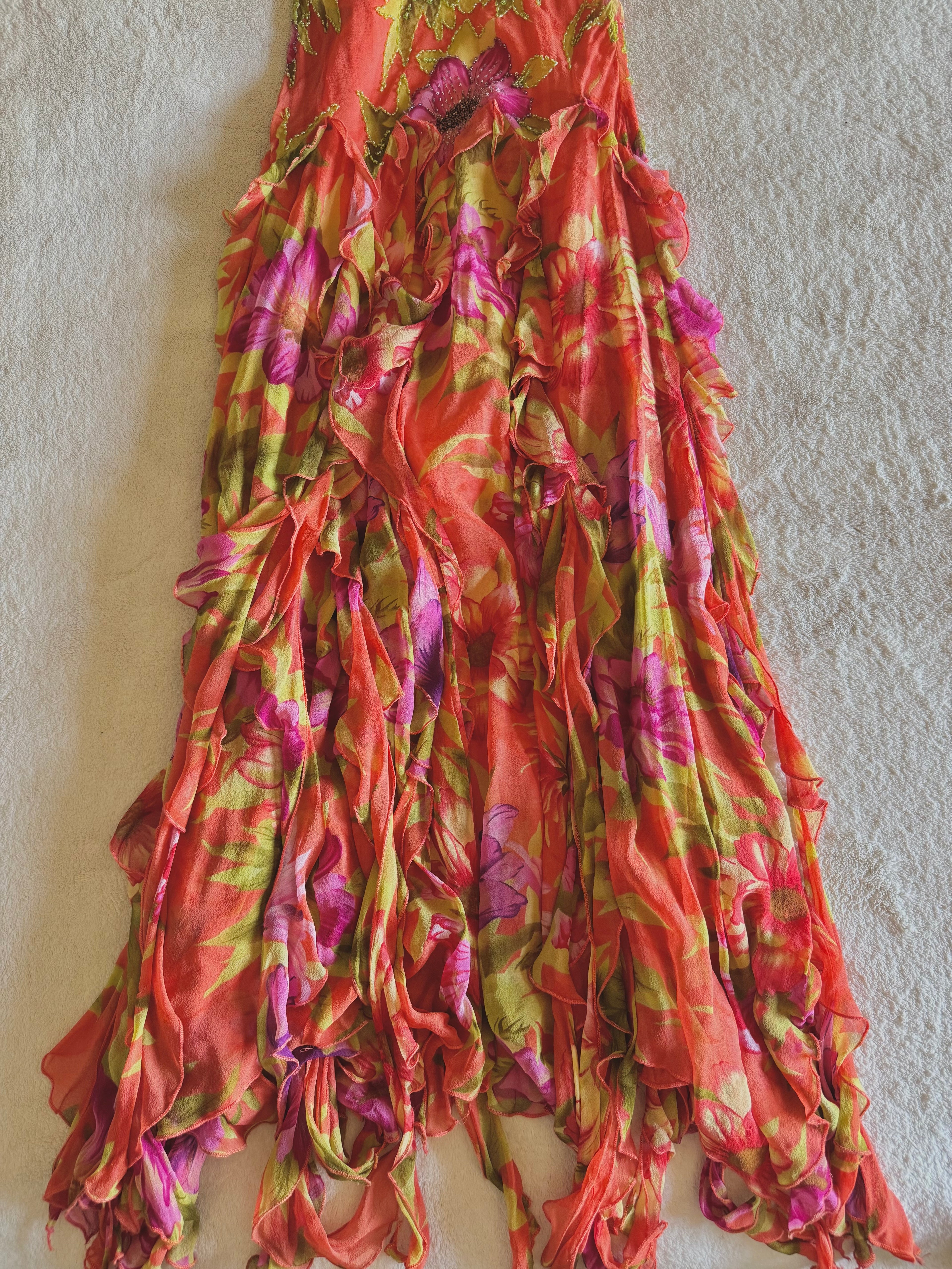 y2k vintage silk orange floral special occasion maxi dress with tassel hem