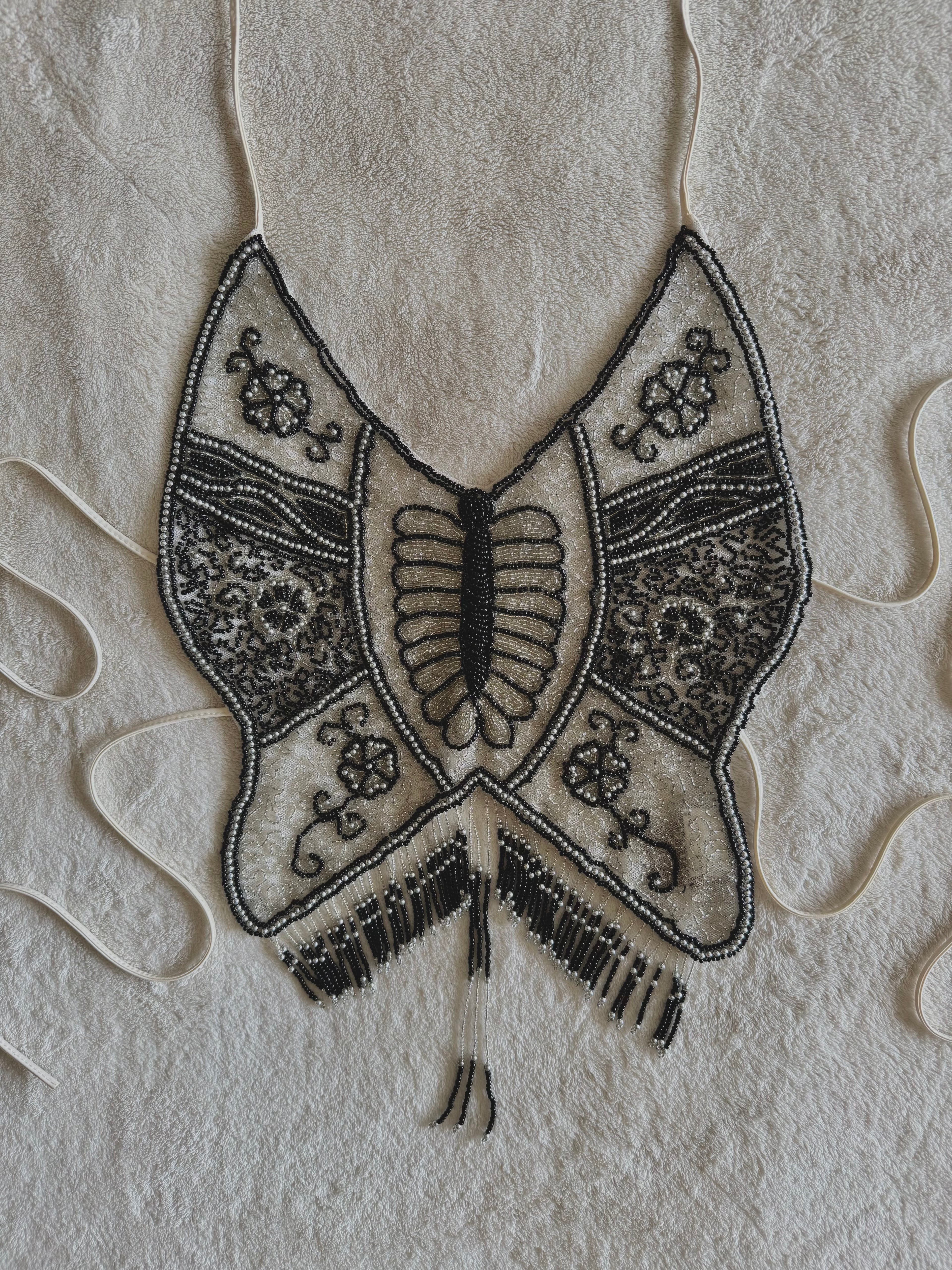 y2k vintage backless fitted fully beaded black and white halterneck butterfly top festival