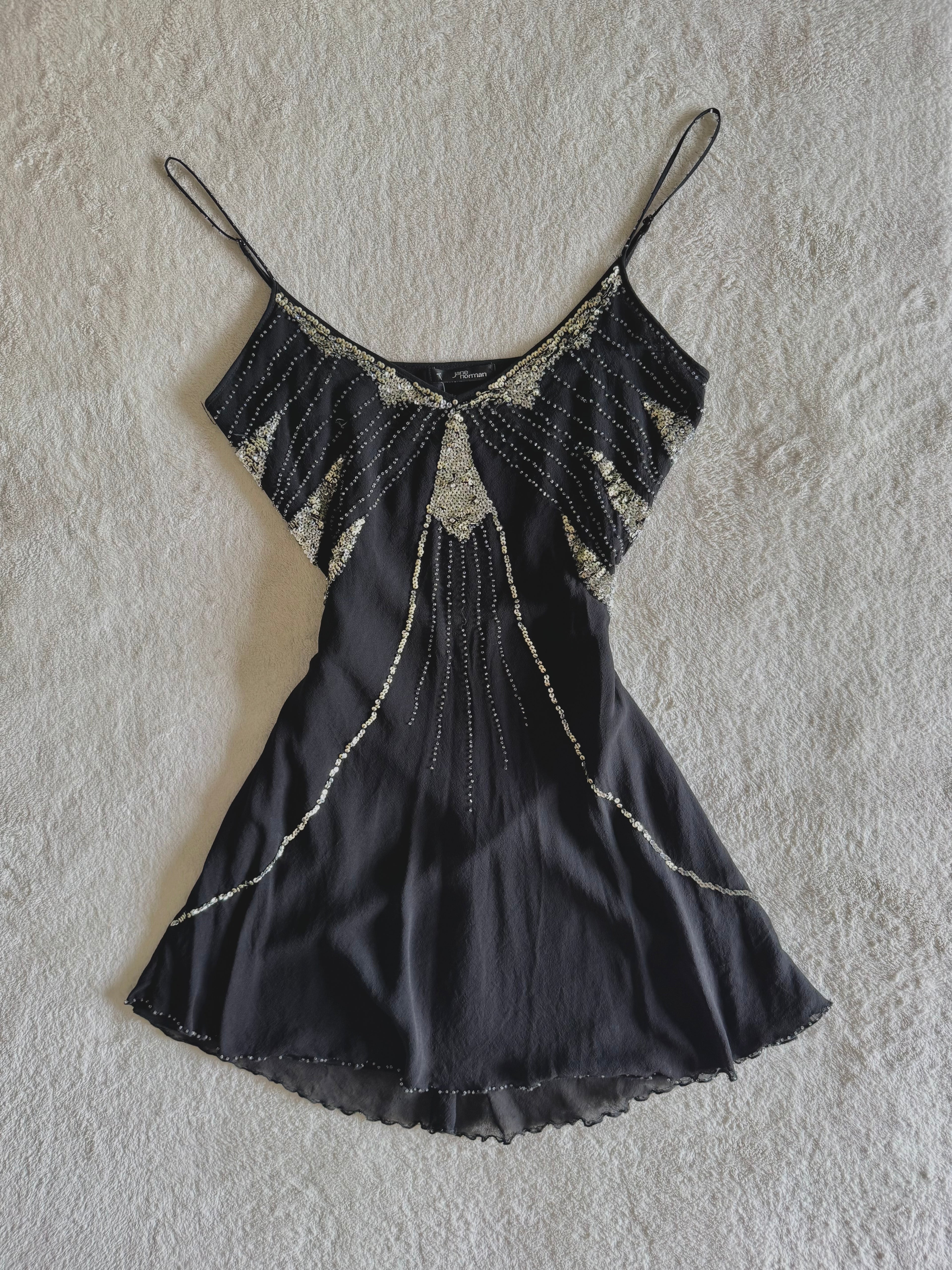 y2k vintage silk black and silver sequin embellished floaty mini dress