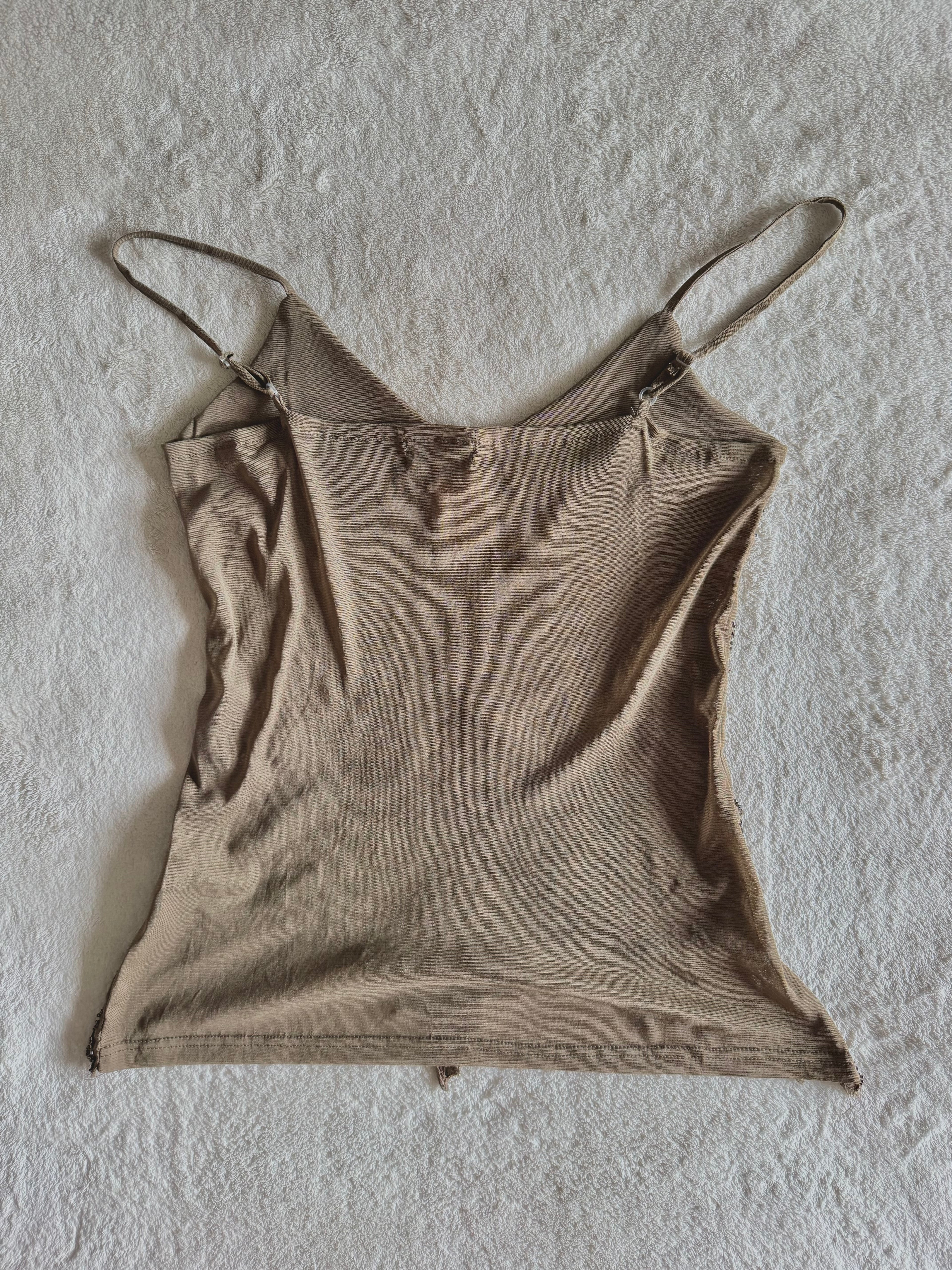 y2k vintage khaki brown sheer mesh butterfly sequinned cami top with jagged asymmetrical hem fairy