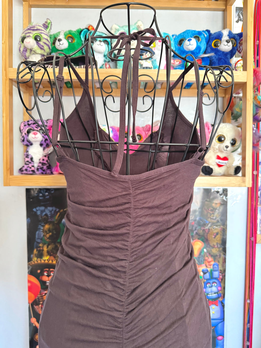 y2k vintage chocolate brown rushed asymmetrical hem midi halterneck dress with golden sequins