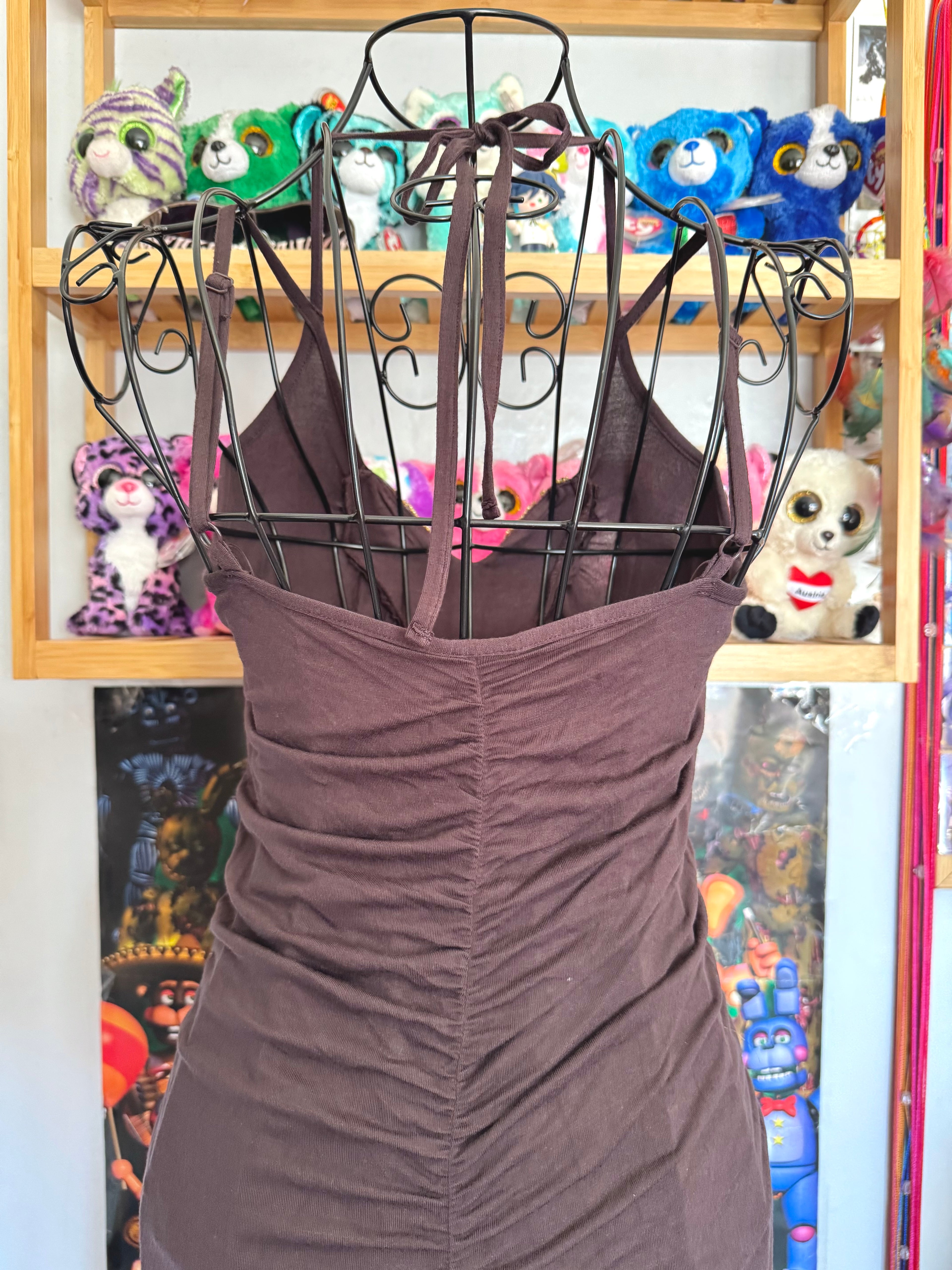 y2k vintage chocolate brown rushed asymmetrical hem midi halterneck dress with golden sequins