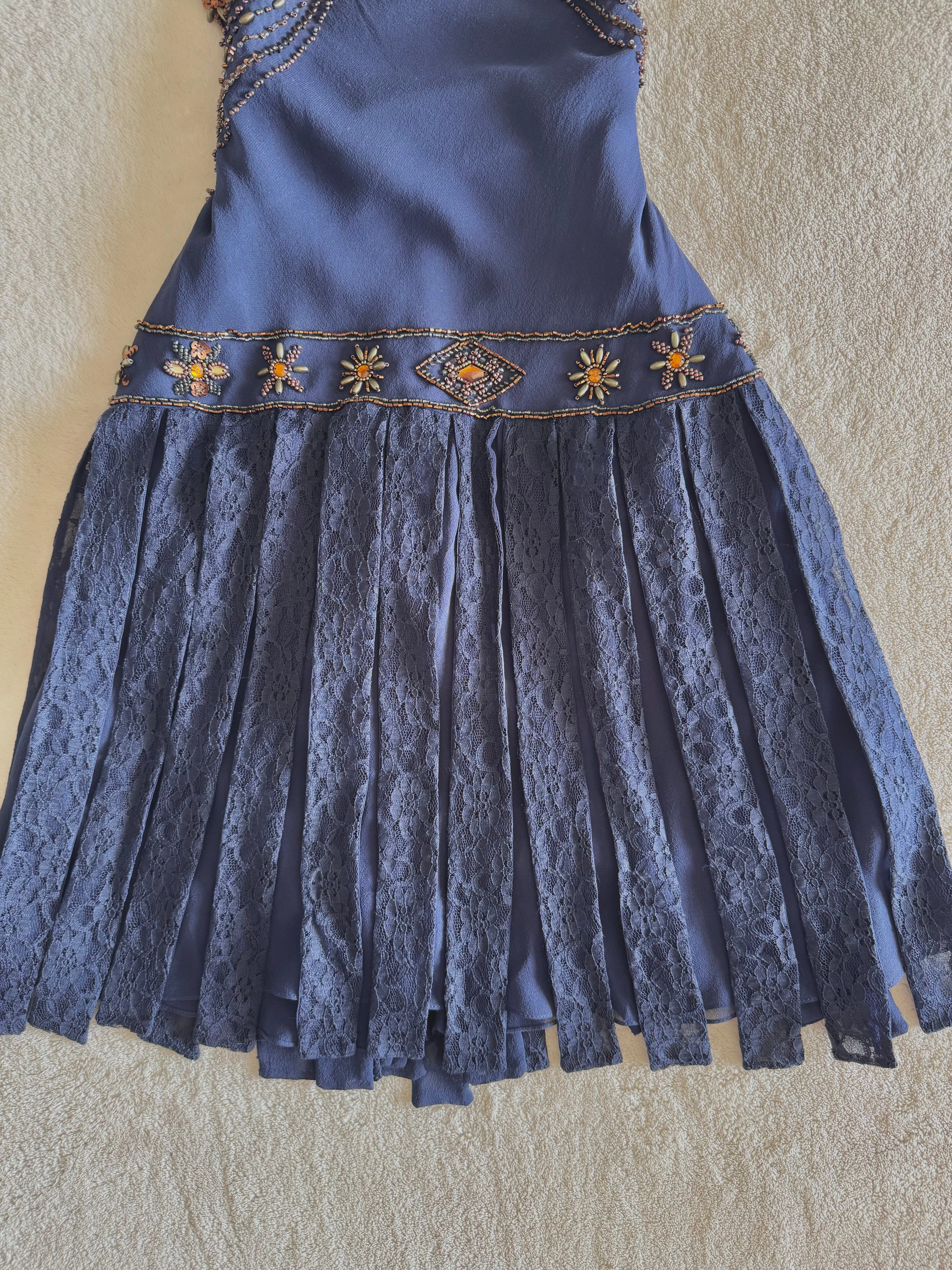 vintage 90’s royal navy blue silk dress gold and bronze beading embellishments astrology astronomy