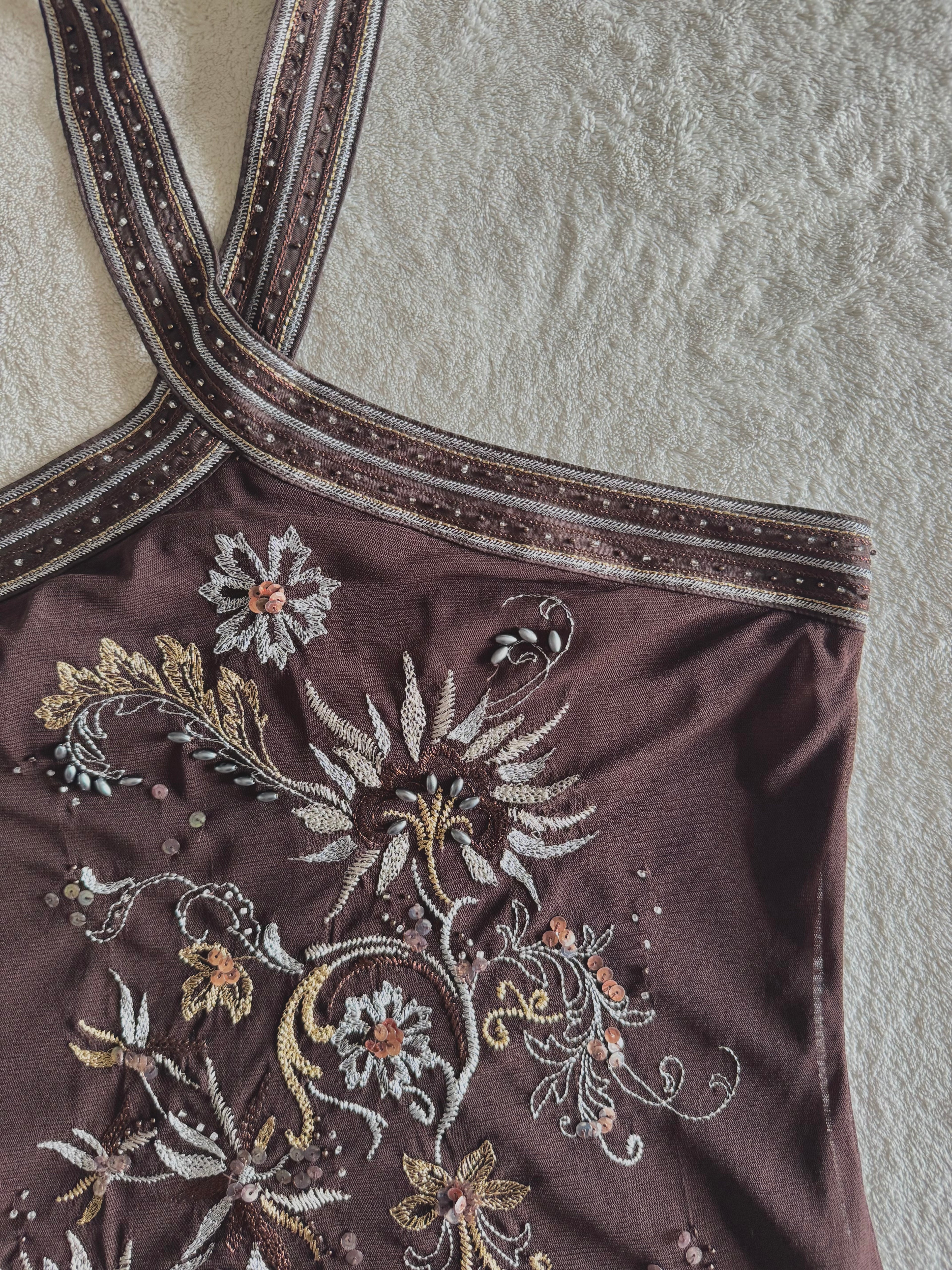 y2k vintage chocolate brown floral embroidered sequin halterneck fitted top fairycore