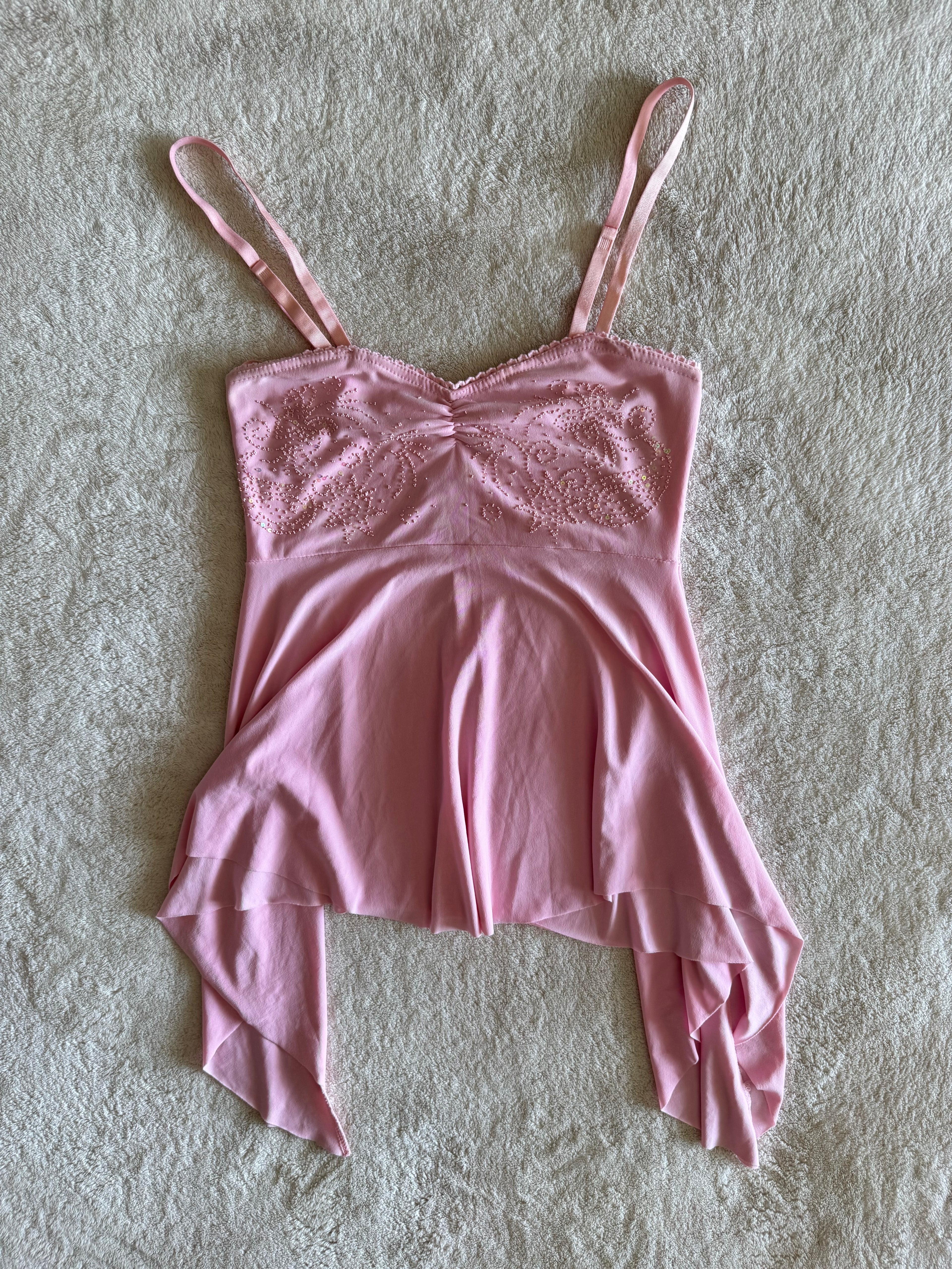 y2k vintage baby pink asymmetrical fairy hem ruched beaded cami top