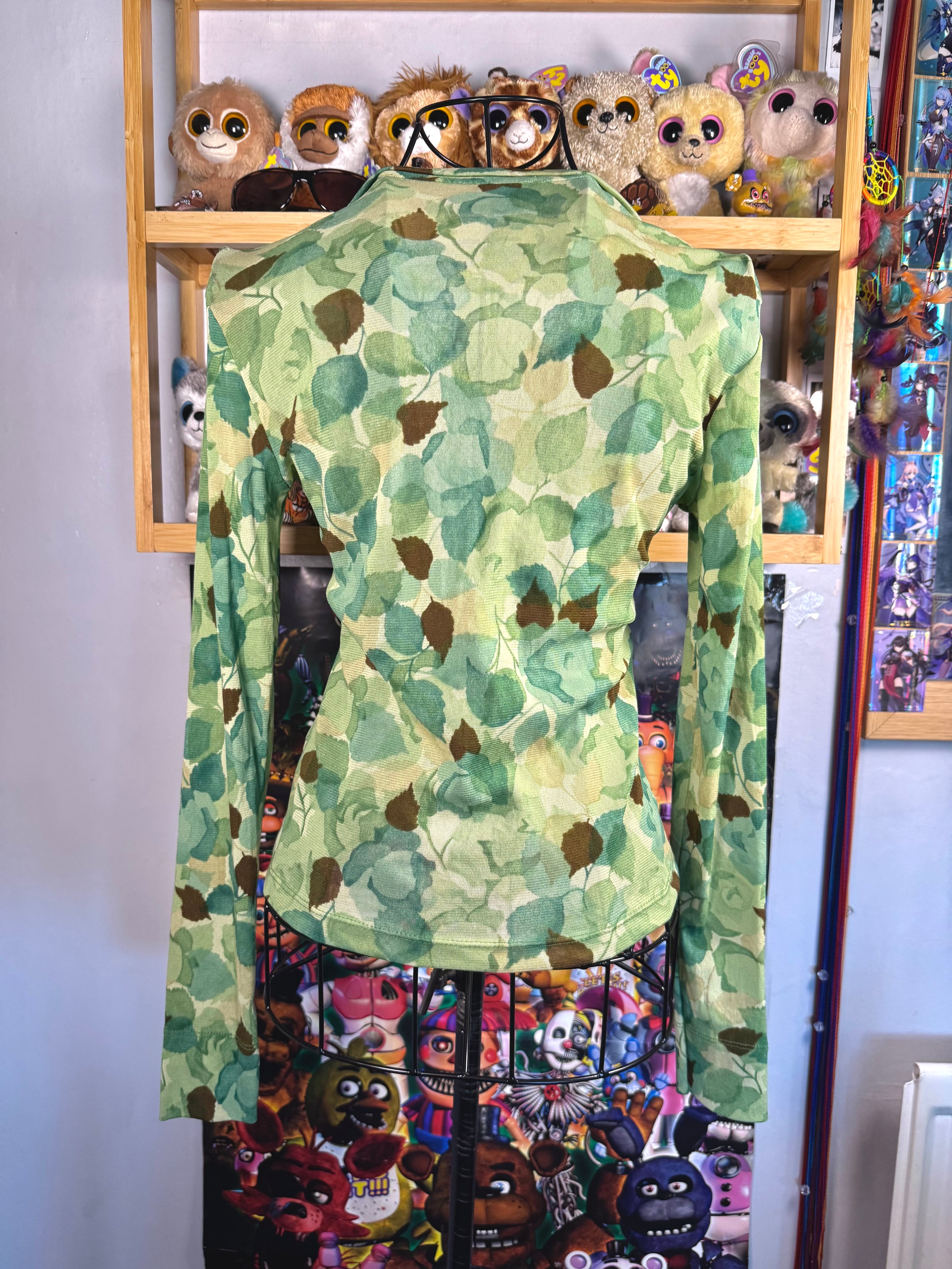 y2k vintage sheer mesh button up top with leaf print