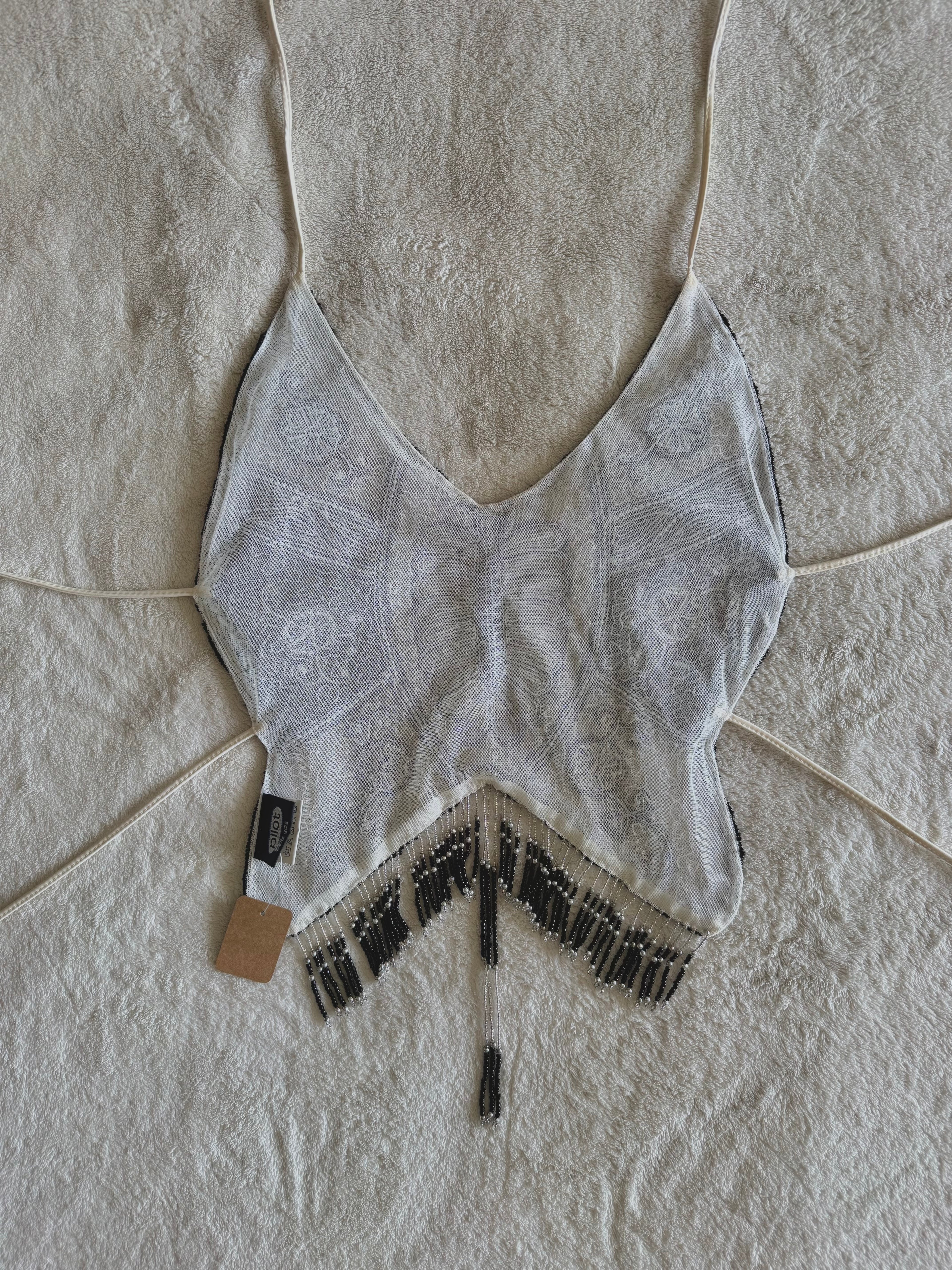 y2k vintage backless fitted fully beaded black and white halterneck butterfly top festival