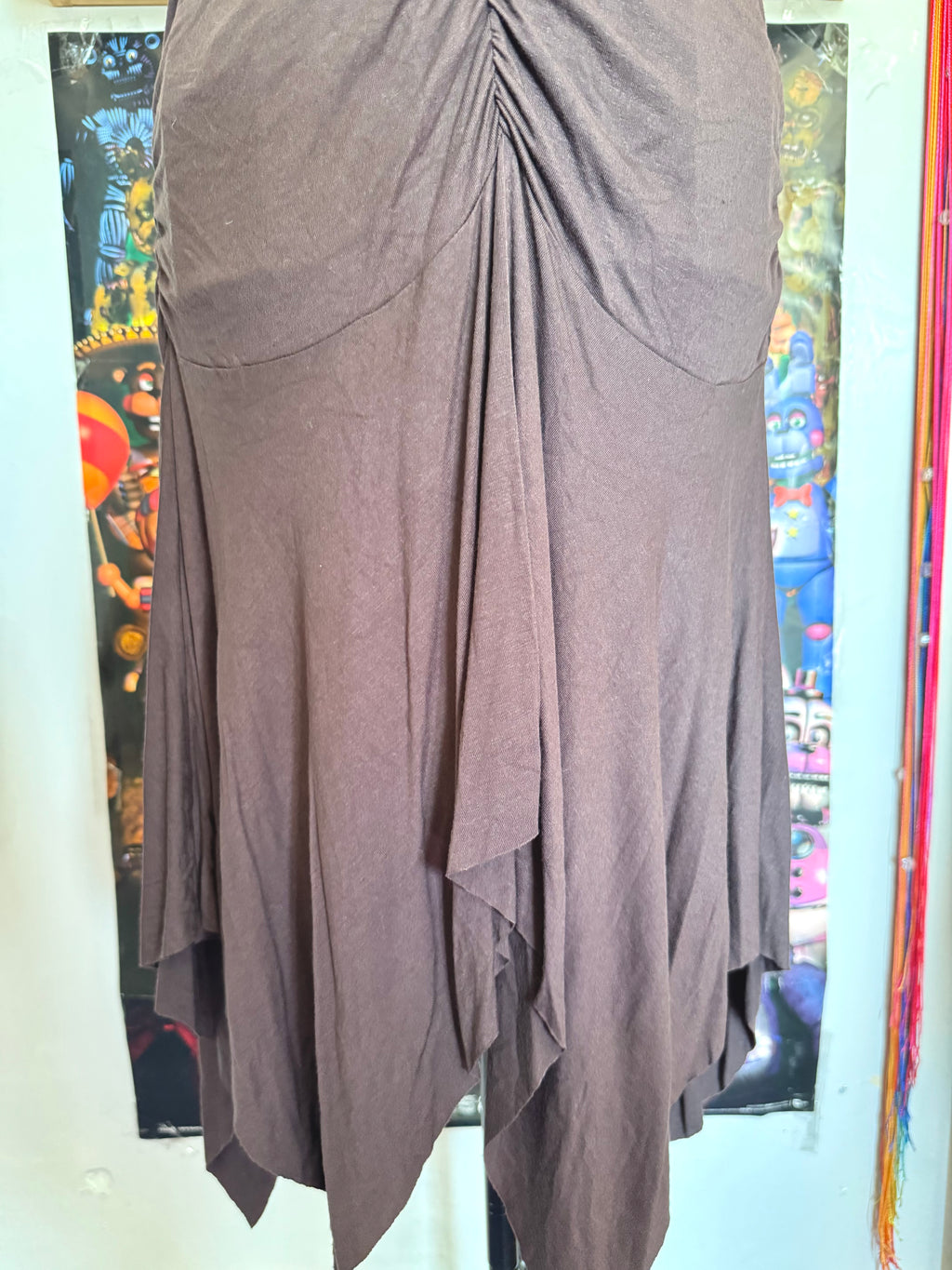 y2k vintage chocolate brown rushed asymmetrical hem midi halterneck dress with golden sequins