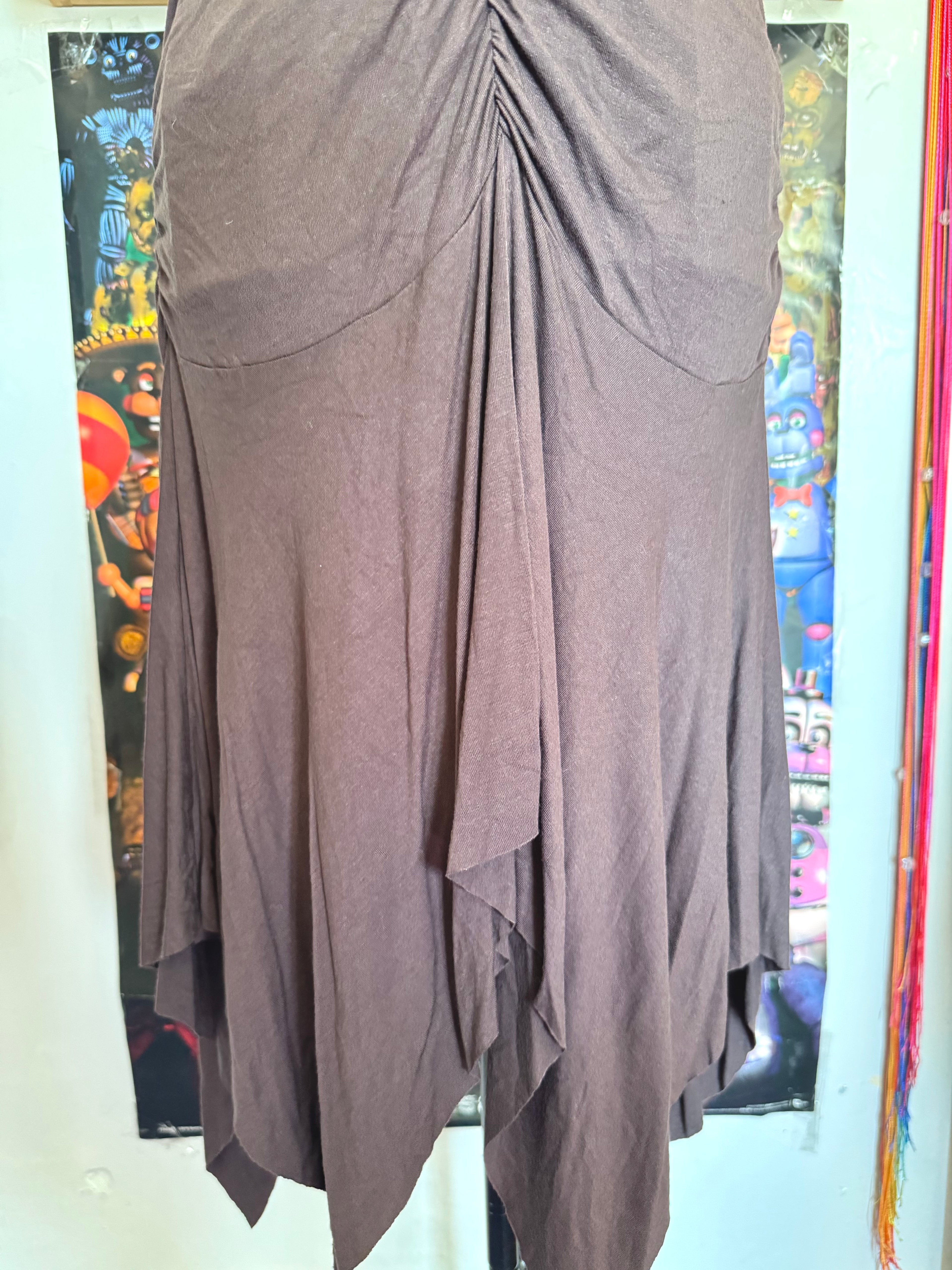 y2k vintage chocolate brown rushed asymmetrical hem midi halterneck dress with golden sequins