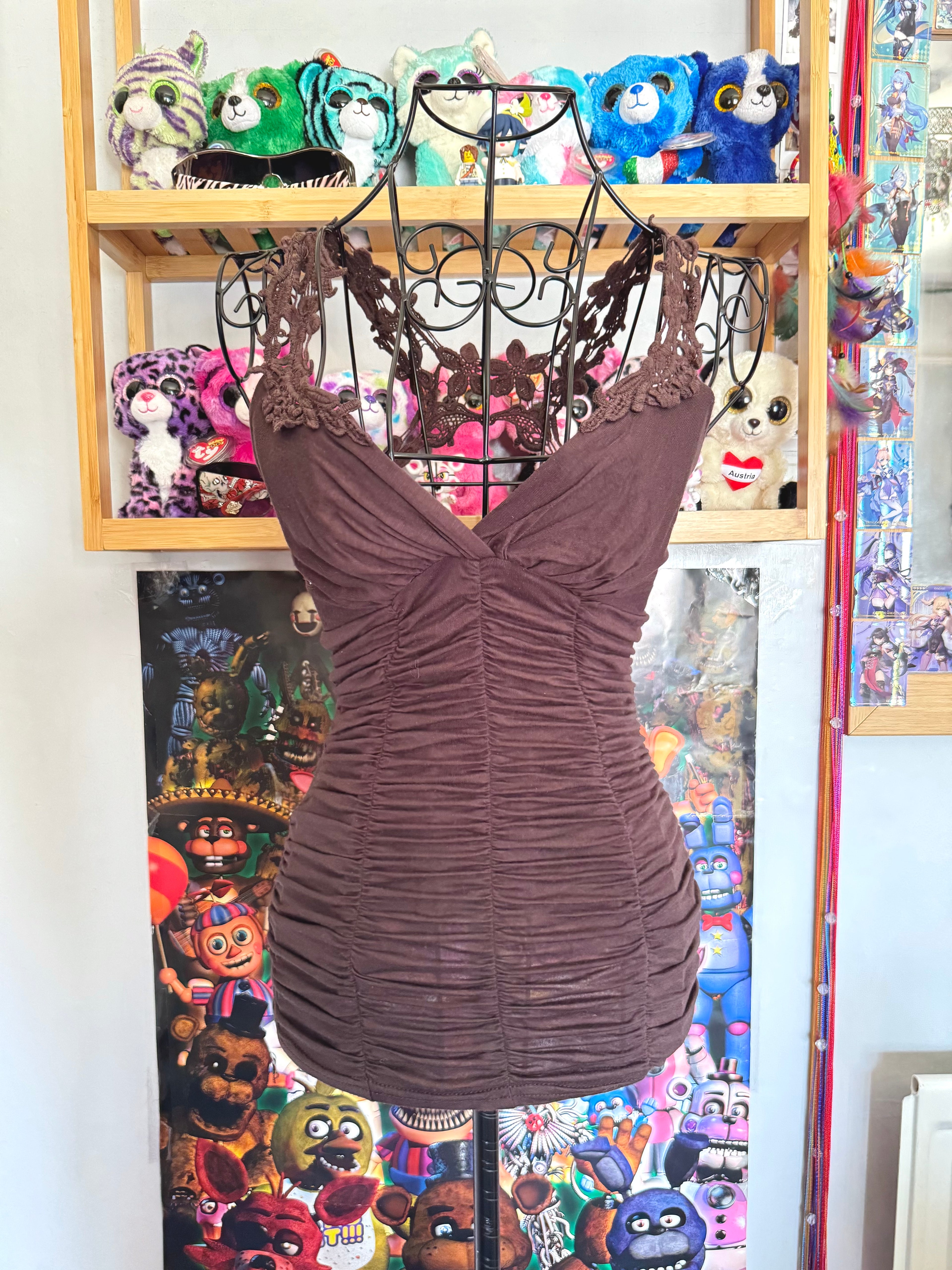 y2k vintage chocolate brown ruched fitted lace back cami top