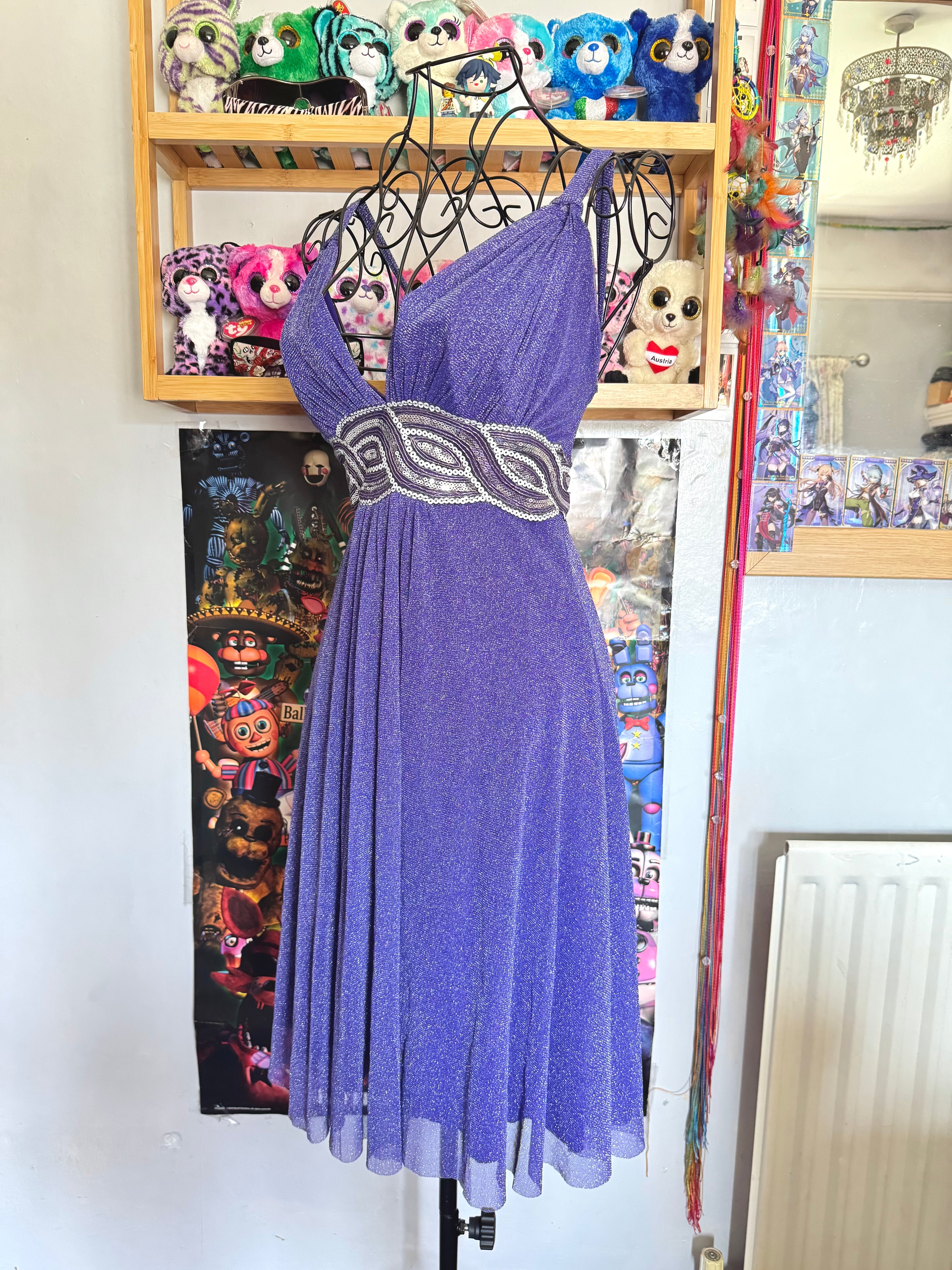 y2k vintage purple shimmery tie back sequin mesh mini dress