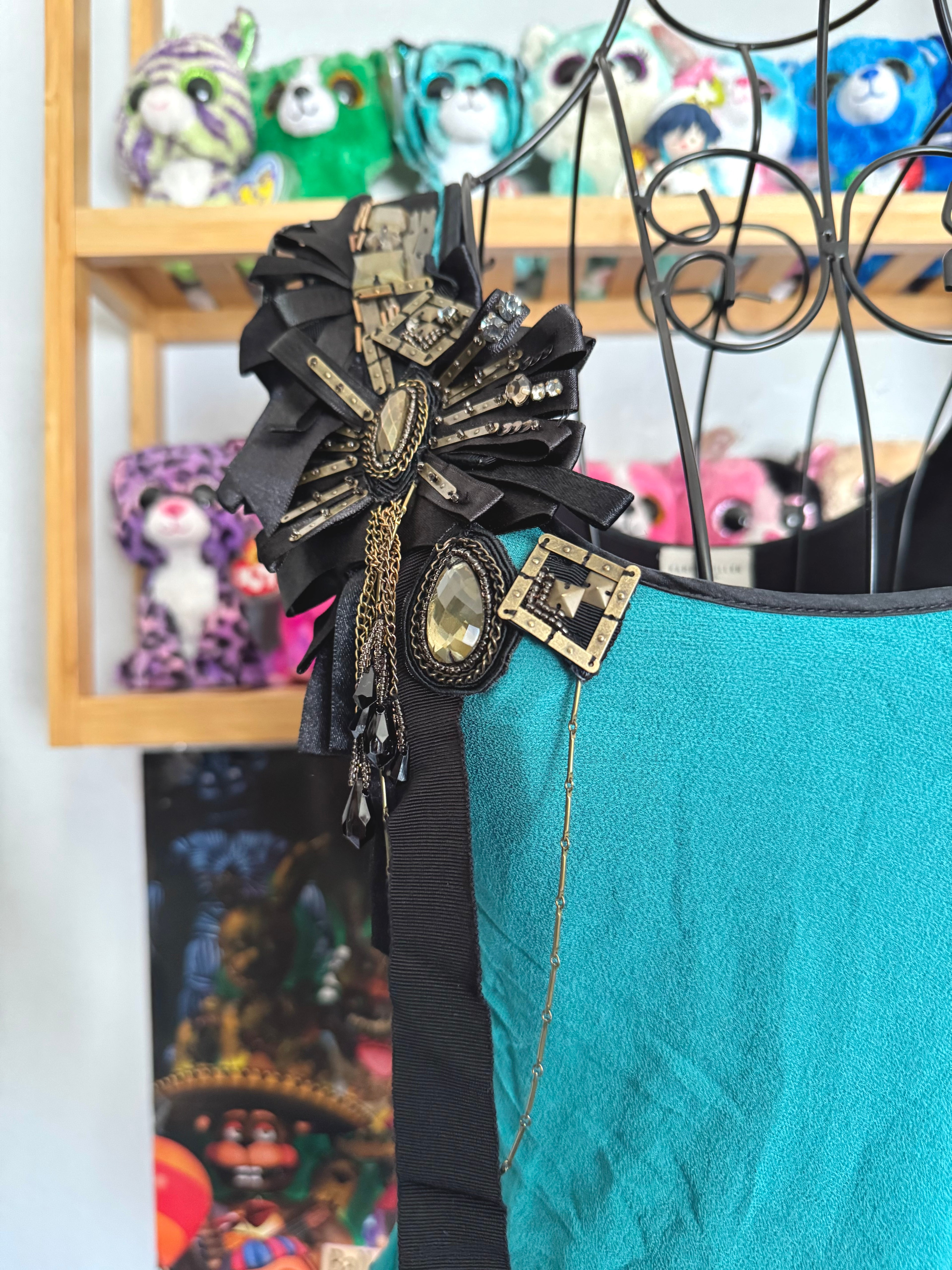 y2k vintage silk teal and black fitted asymmetrical hem vest top