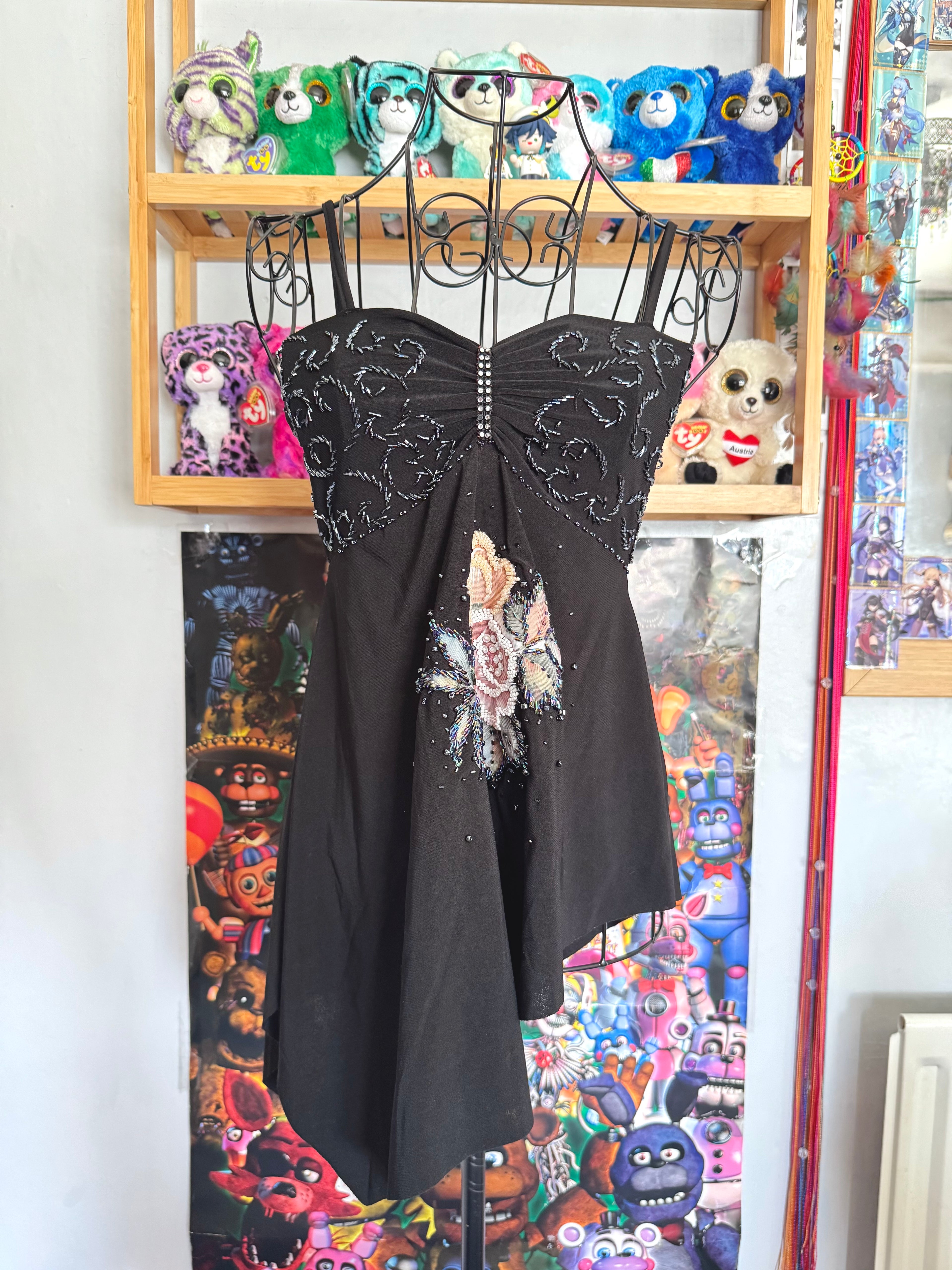 y2k vintage black slinky asymmetrical hem fairycore sequin embellished cami top