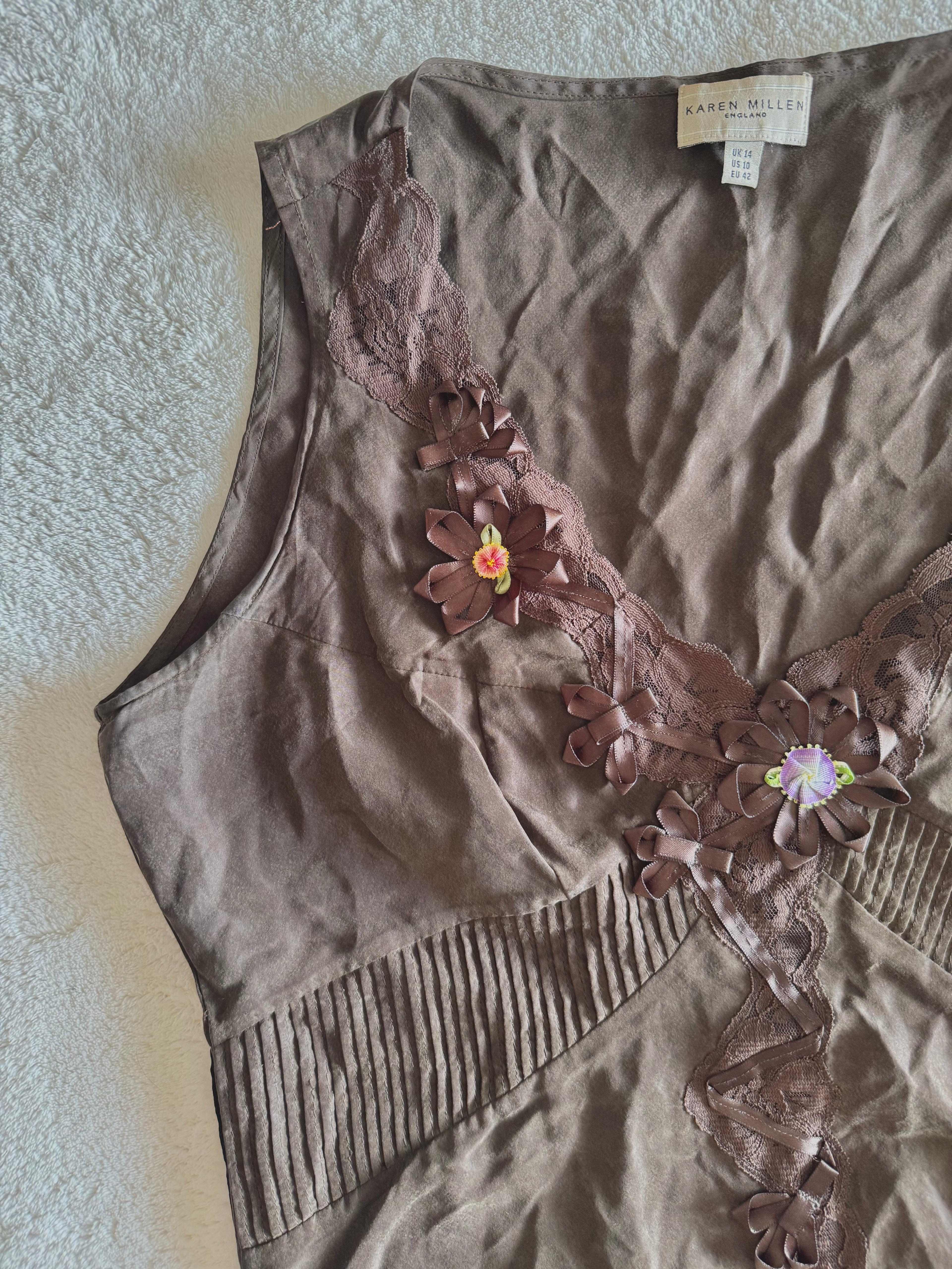 y2k vintage chocolate brown silk floral Karen Millen sleeveless vest top fairycore