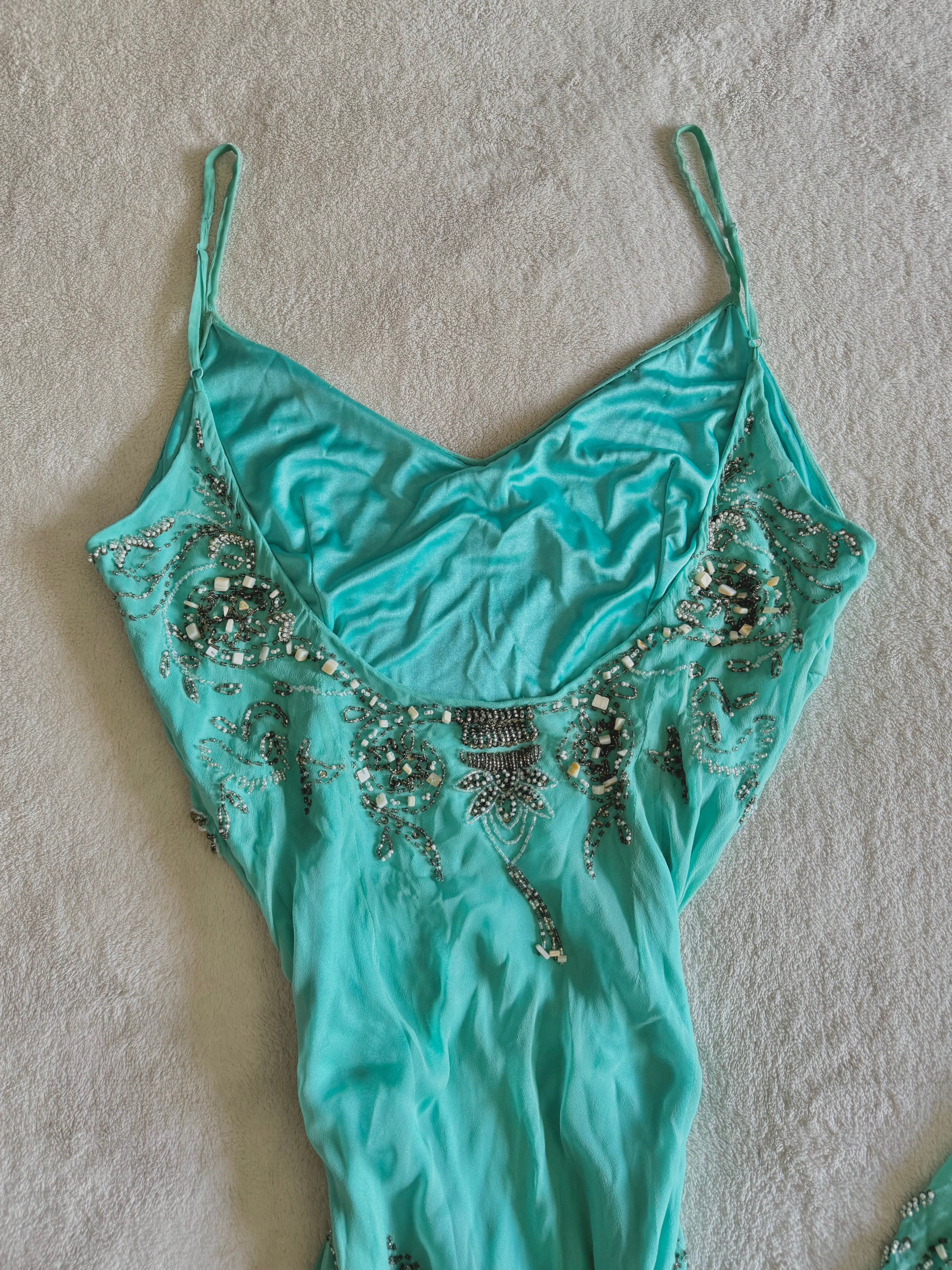 vintage 90’s turquoise blue silk heavily beaded handmade fishtail maxi dress mermaid core