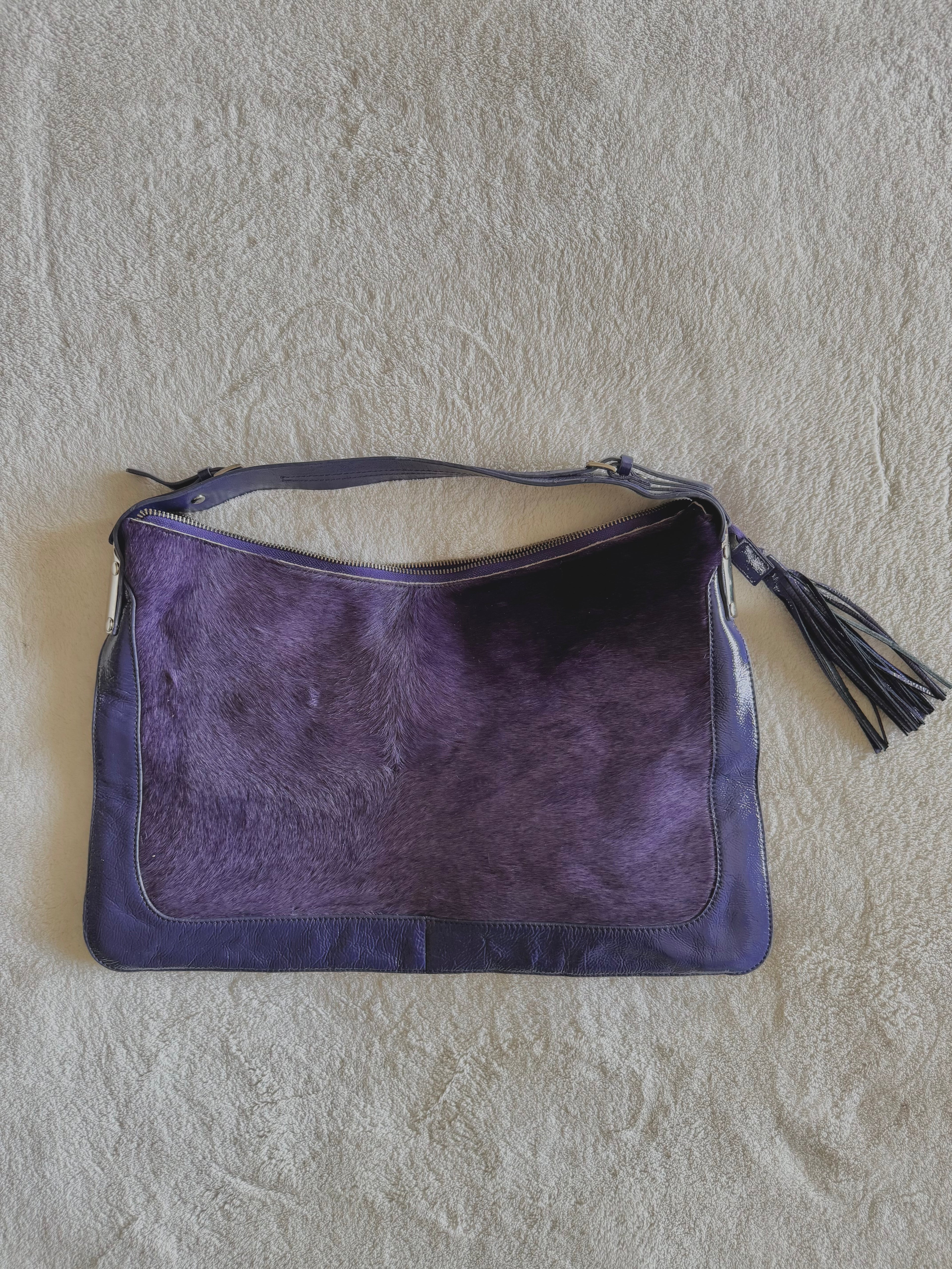 y2k pony hair violet purple slouchy boho handbag with real suede and leather