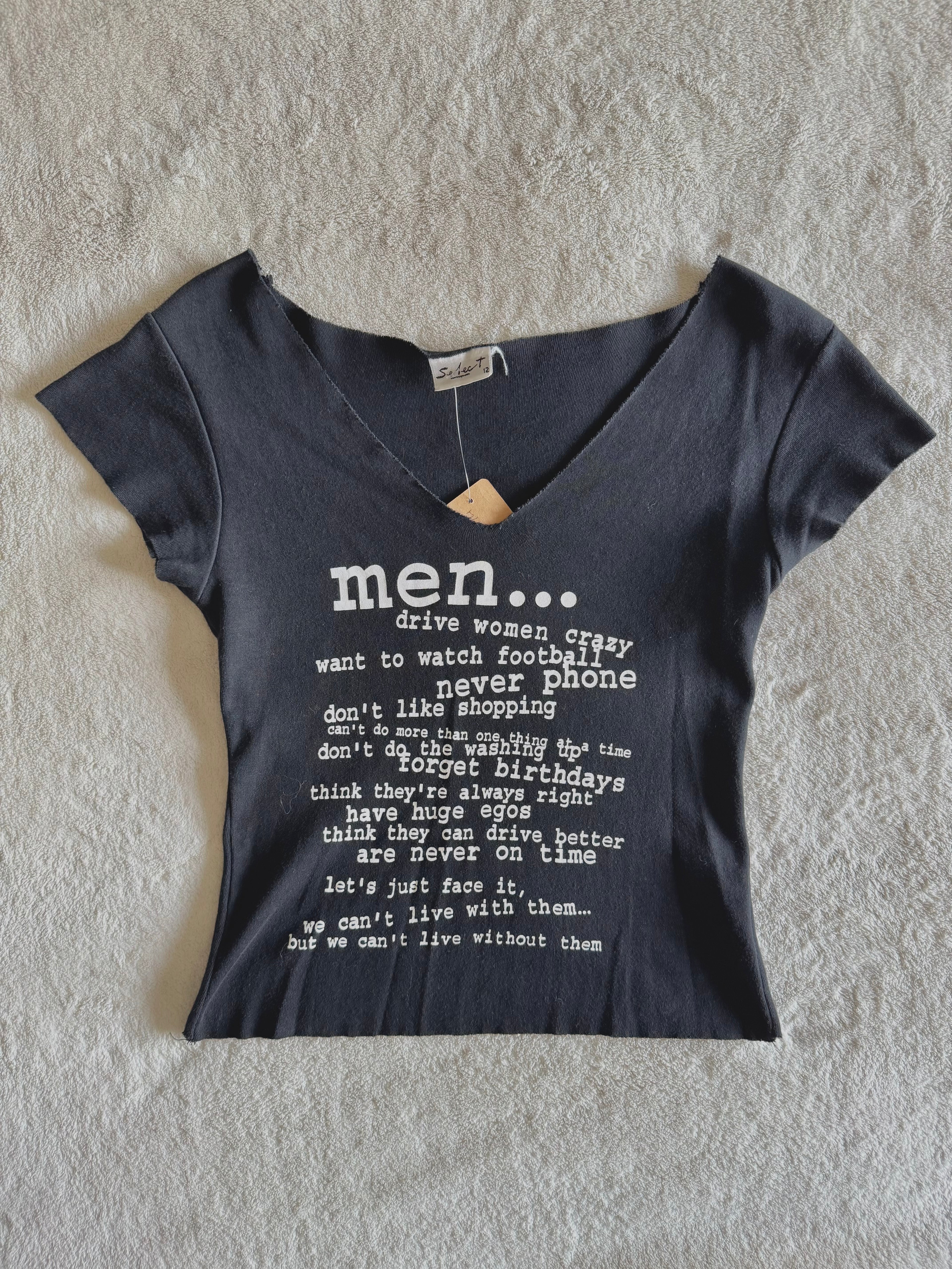 y2k vintage “men drive women crazy” graphic cropped and fitted vneck shirt