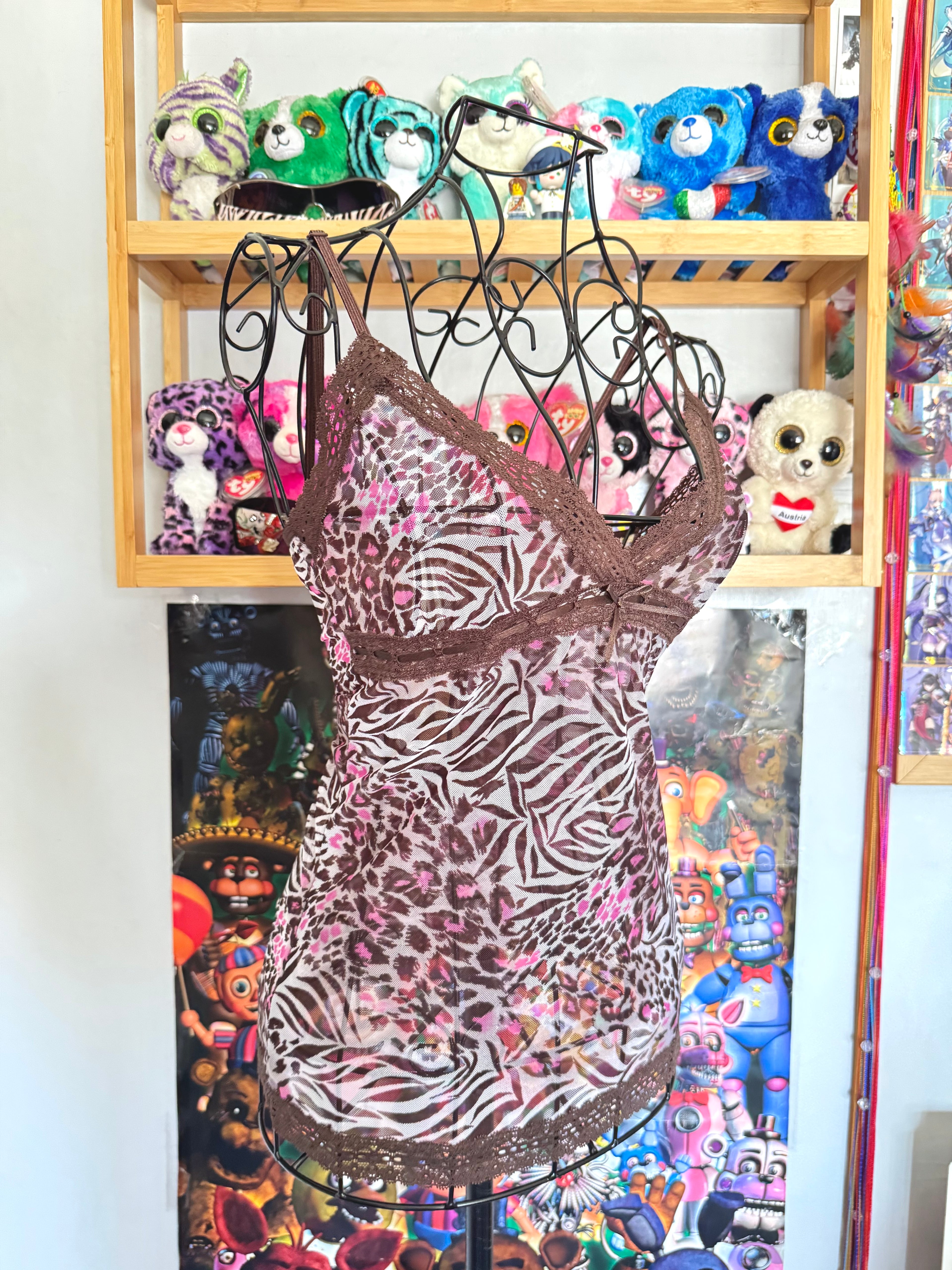 y2k vintage leopard and zebra print brown and hot pink sheer mesh cami top mcbling