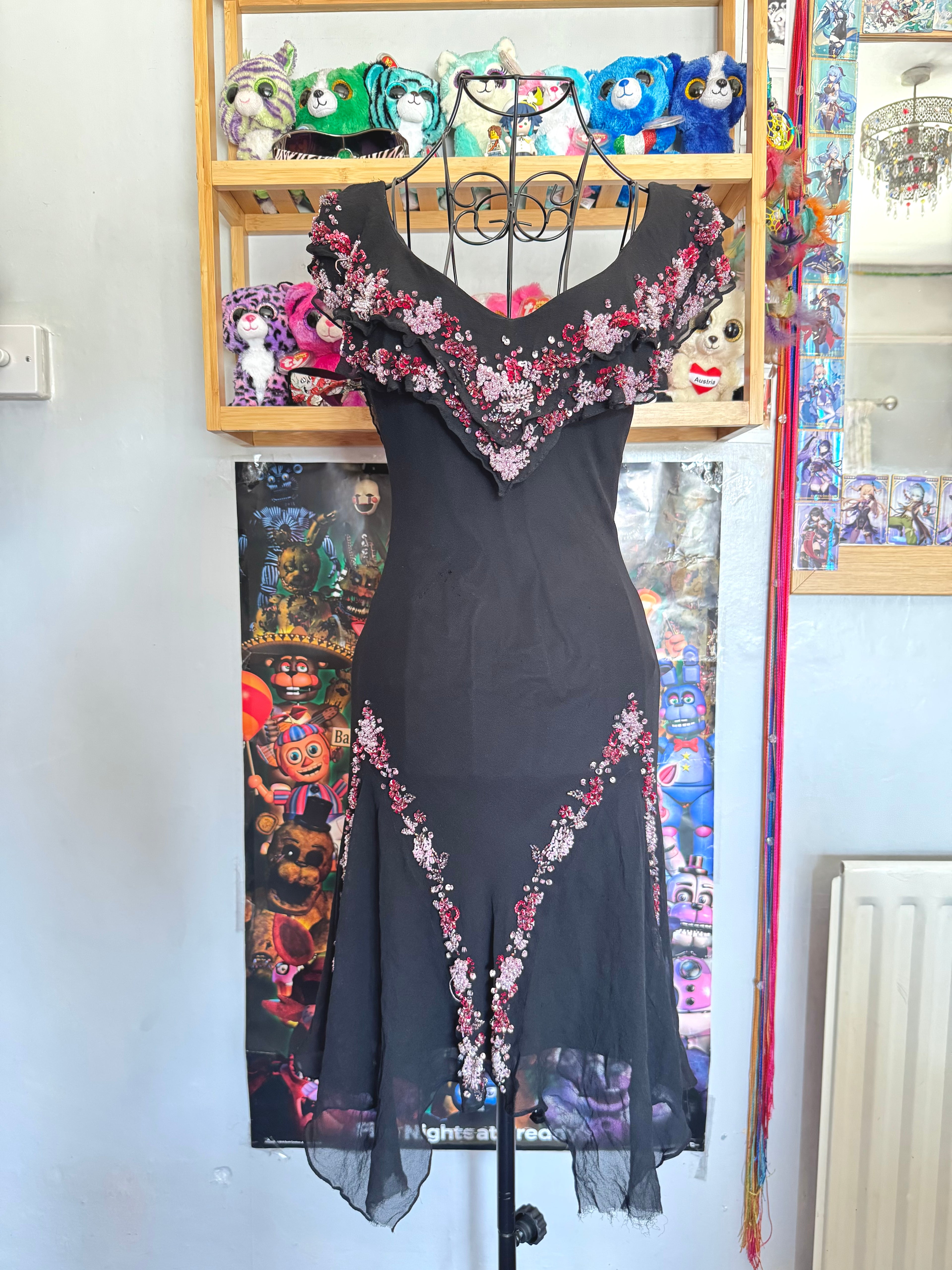 vintage 90’s silk black fairy hanky hem beaded mini dress