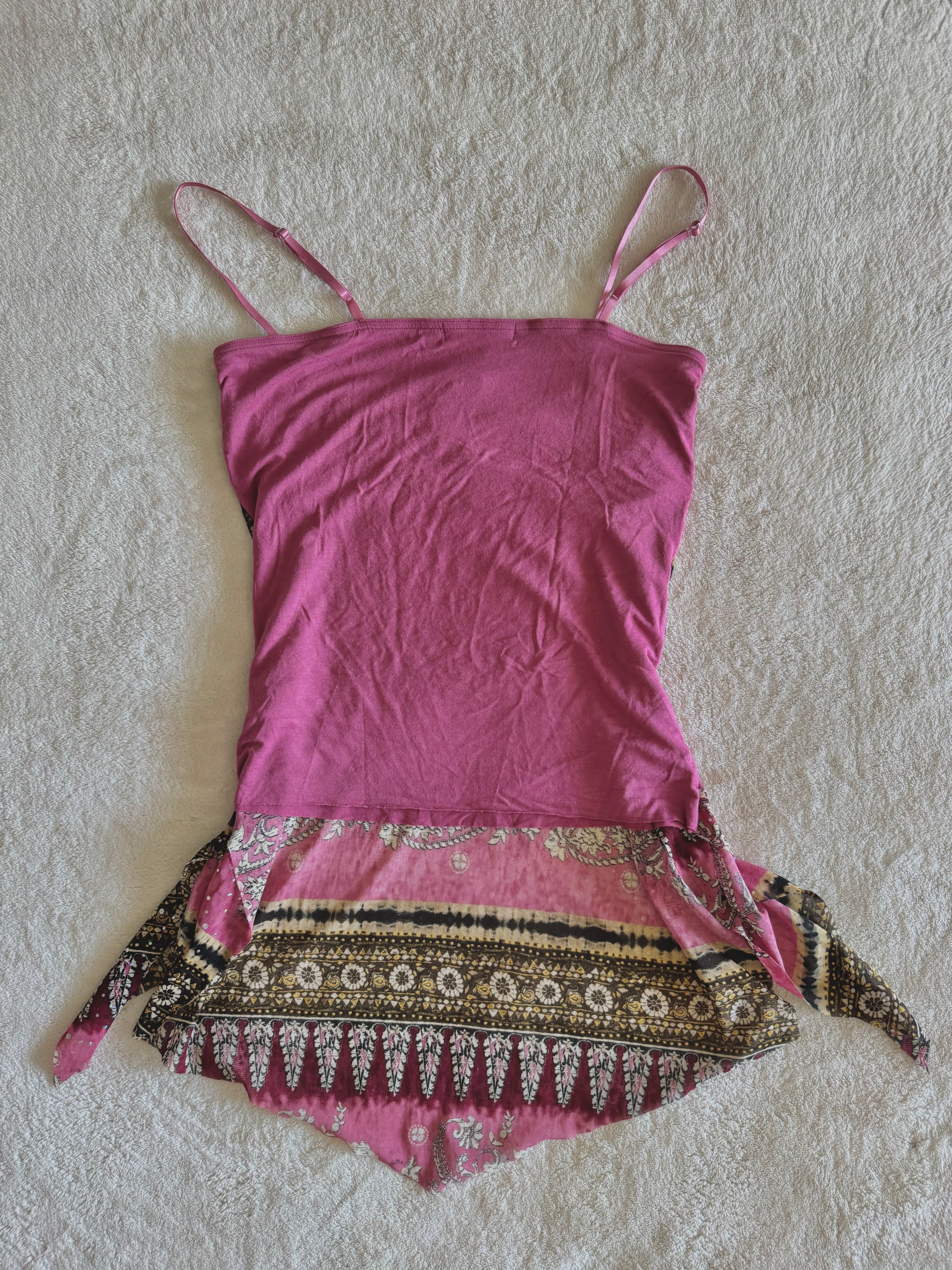 y2k vintage pink boho floaty babydoll ruched mesh cami top