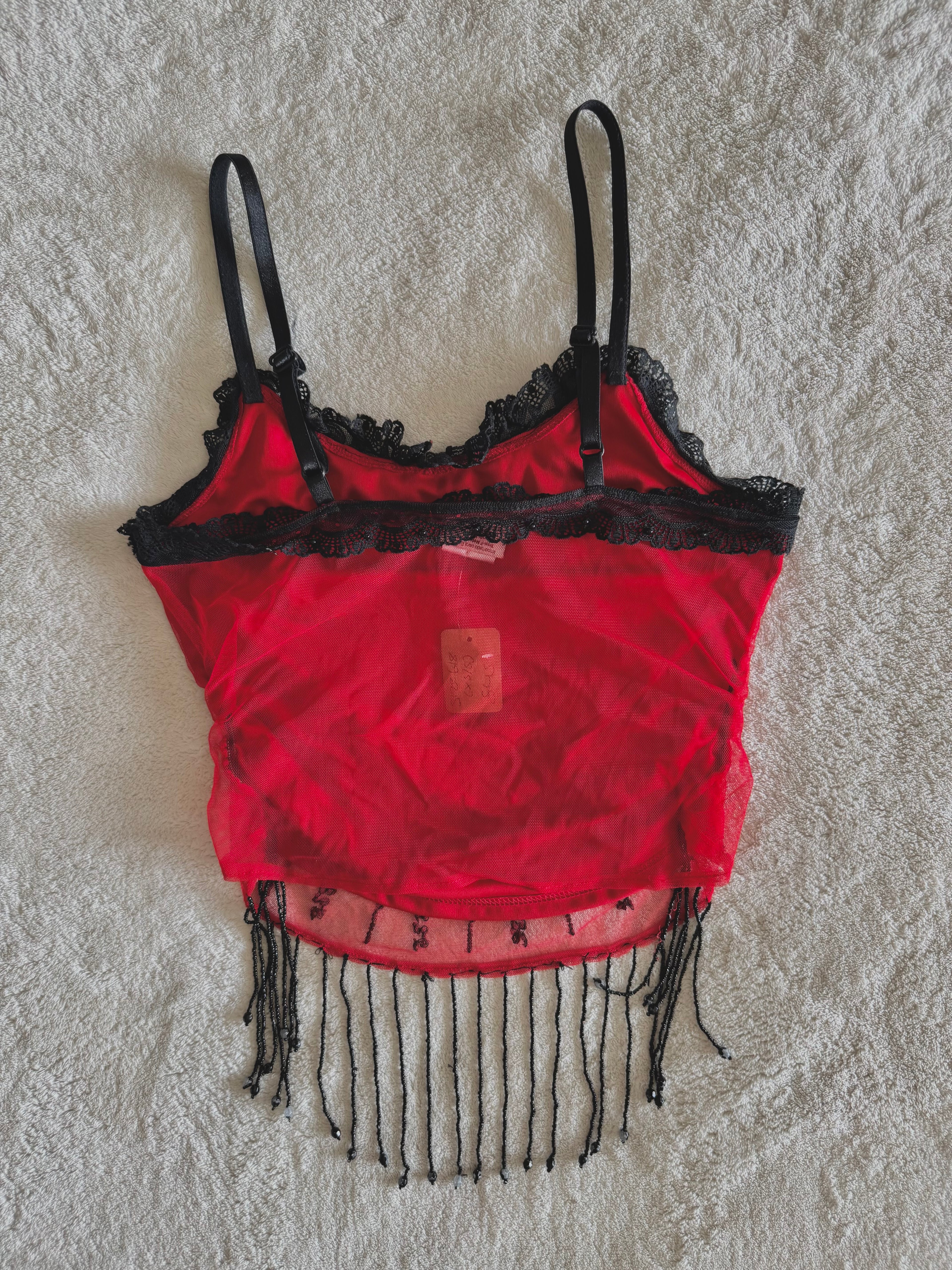 y2k vintage red fitted mesh cami top with black dangle beading and sequin embroidery