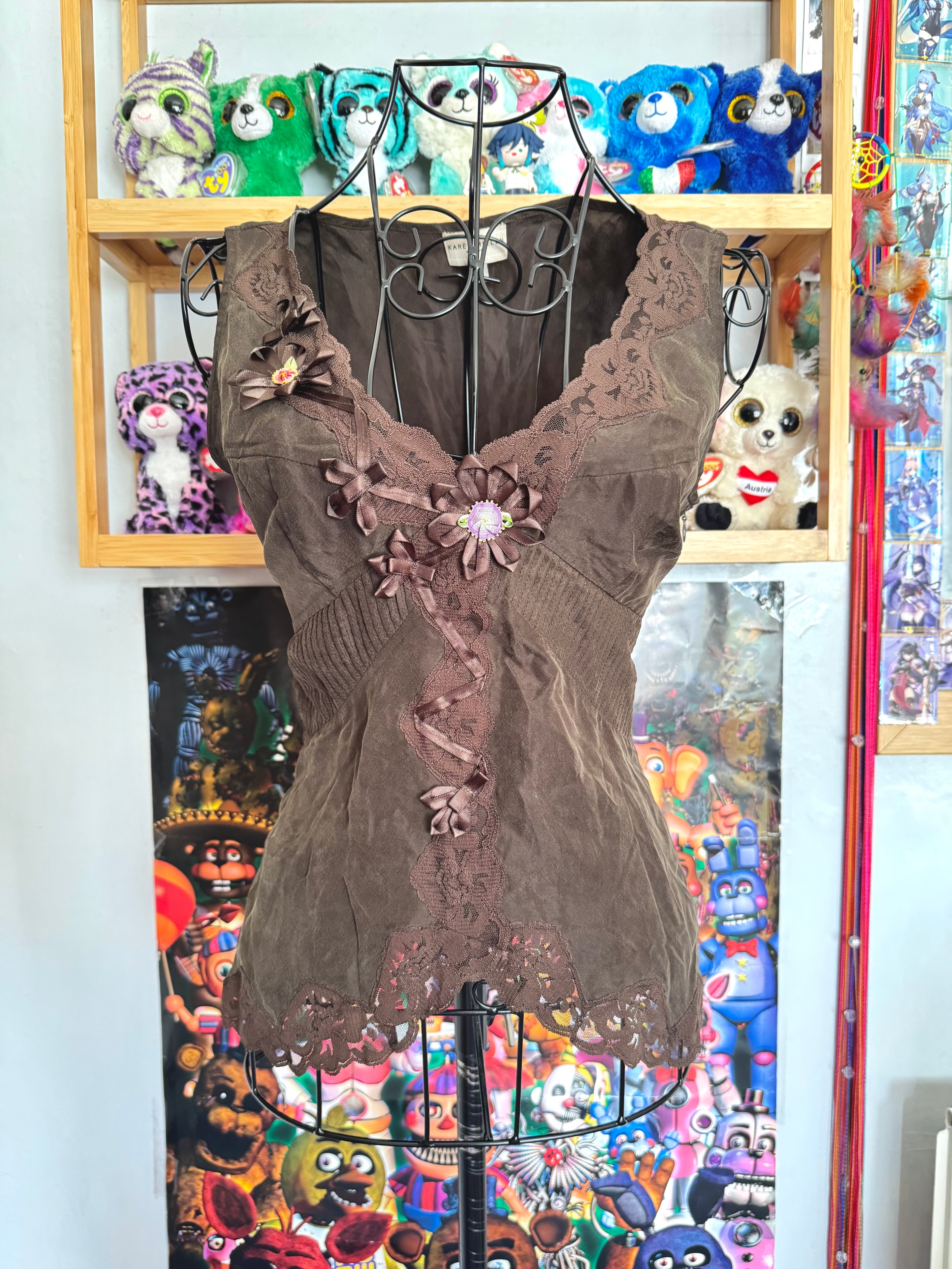 y2k vintage chocolate brown silk floral Karen Millen sleeveless vest top fairycore