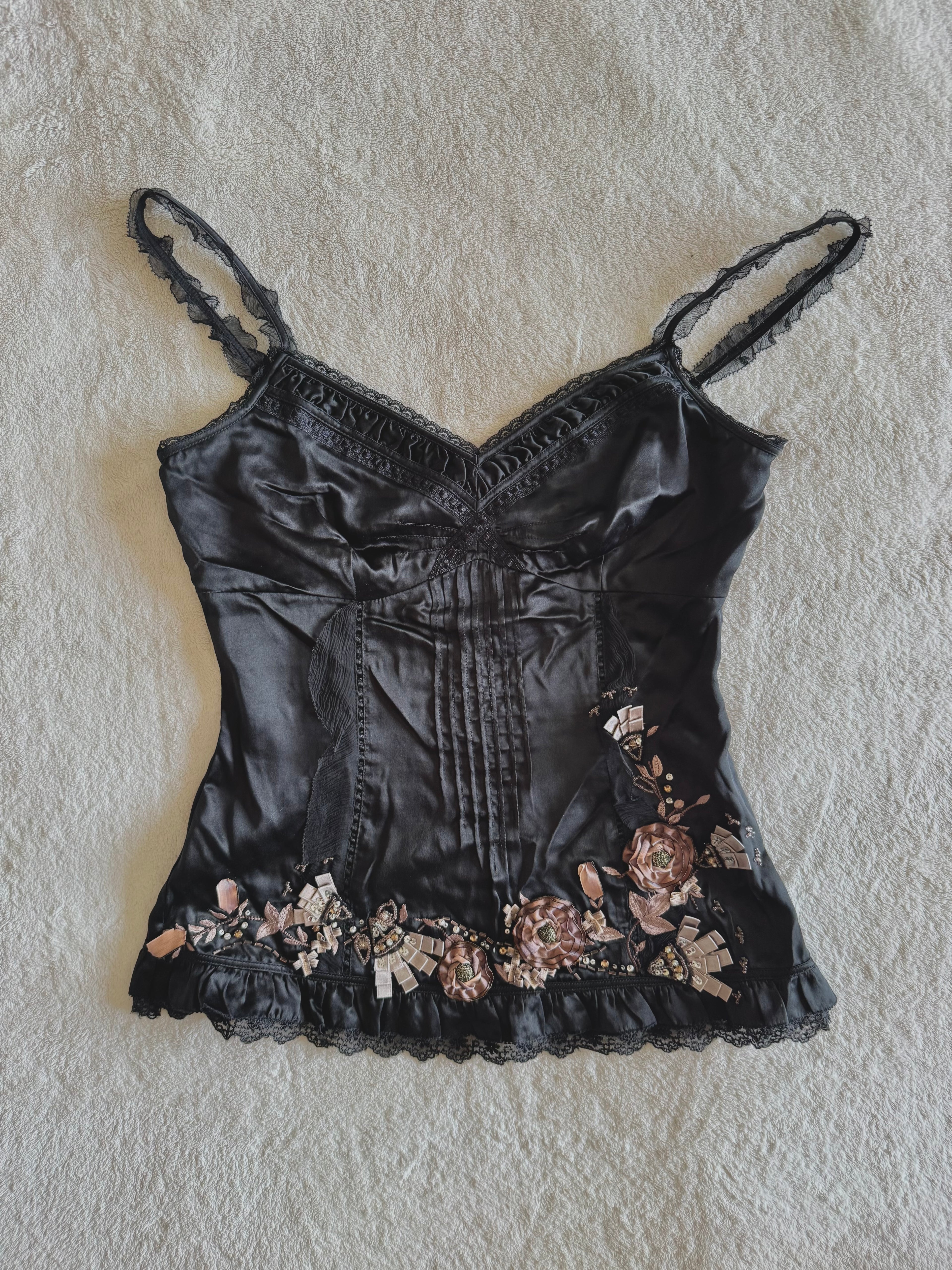 y2k vintage silk co-ord cami top and mini skirt with 3D blossoms embellished