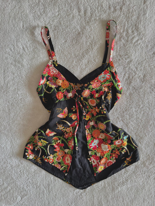 y2k vintage black and multi floral beaded fitted cami top