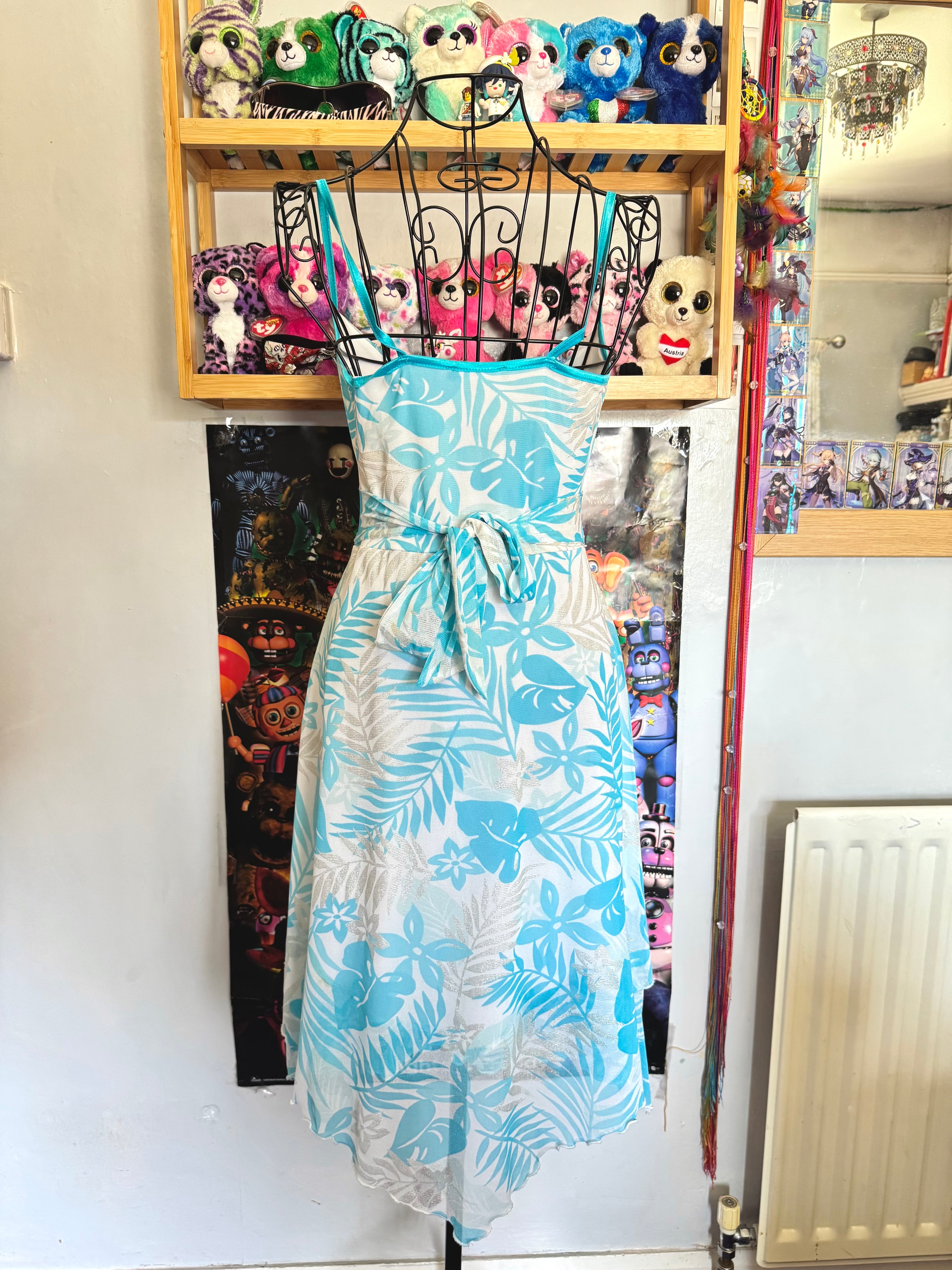 y2k vintage tie back turquoise blue mesh asymmetrical lettuce hem mini dress